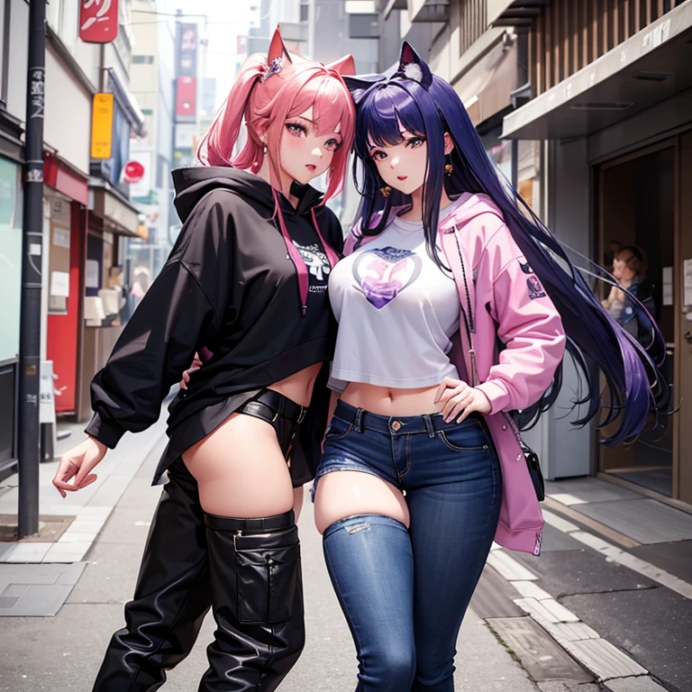 2 anime girls, topless, wearing blue panties, tattoos their chest, tattoos on their arms, standing next to a purple lowrider car, by the lake, 8k, full frame
