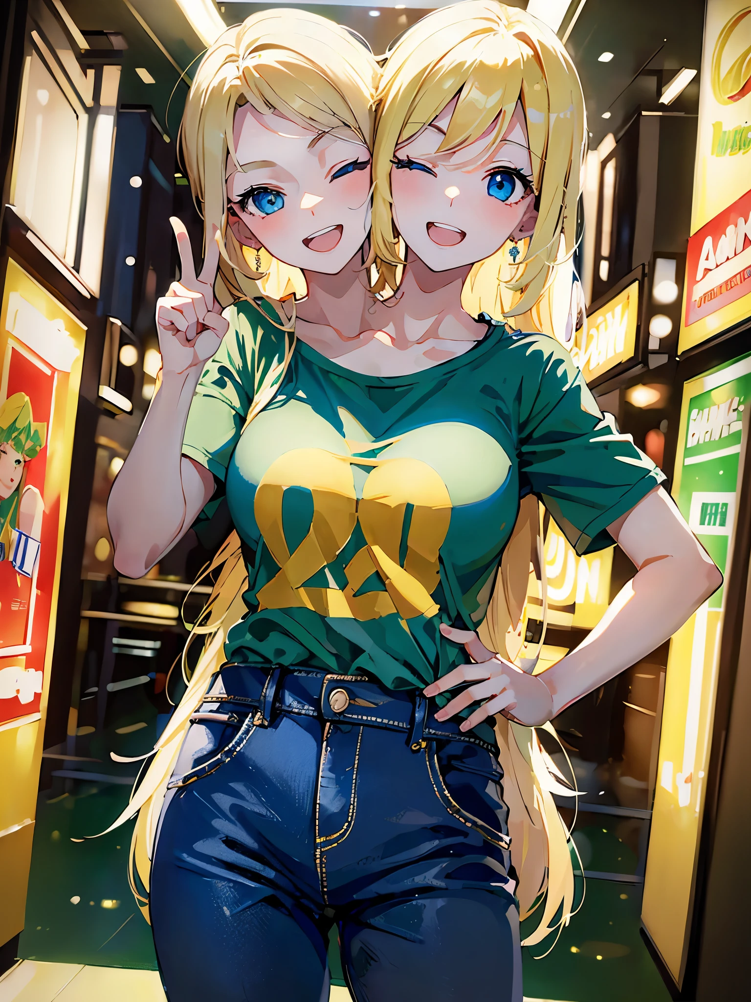 (masterpiece, best quality), best resolution, (2heads:1.5), 1girl, blond hair, blue eyes, happy, different facial expressions, one eye open and one eye closed, one open mouth and one closed mouth, one hand on hip, peace sign with one hand near face, green t-shirt, blue long pants, movie theater lobby