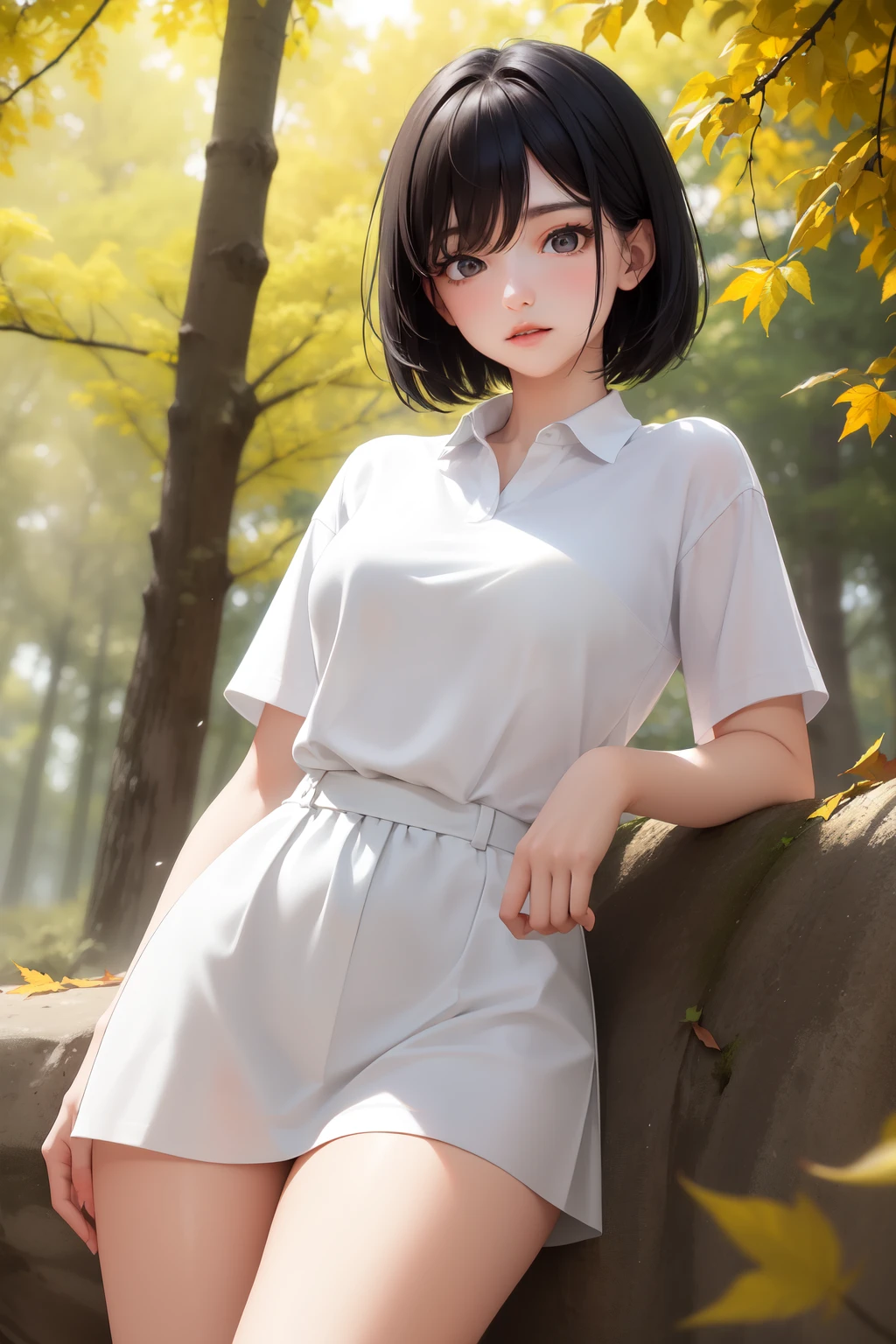 White is a beautiful color, radiating purity and elegance in its ultra-high definition, hyper-detailed, and extremely delicate representation. It casts an ethereal glow under the cinematic light, reflecting in the sharp focus and depth of field of a pristine scene. Imagine a girl, dress donned in a masterpiece of white, her slender form framed by the natural soft light filtering through the autumn trees. Her short black hair contrasts dramatically against her gleaming white polo shirt and white sneakers, adding depth and texture to the scene. The crispness of the air carries the sound of crunching leaves, bringing a sense of peaceful solitude to the surroundings. This