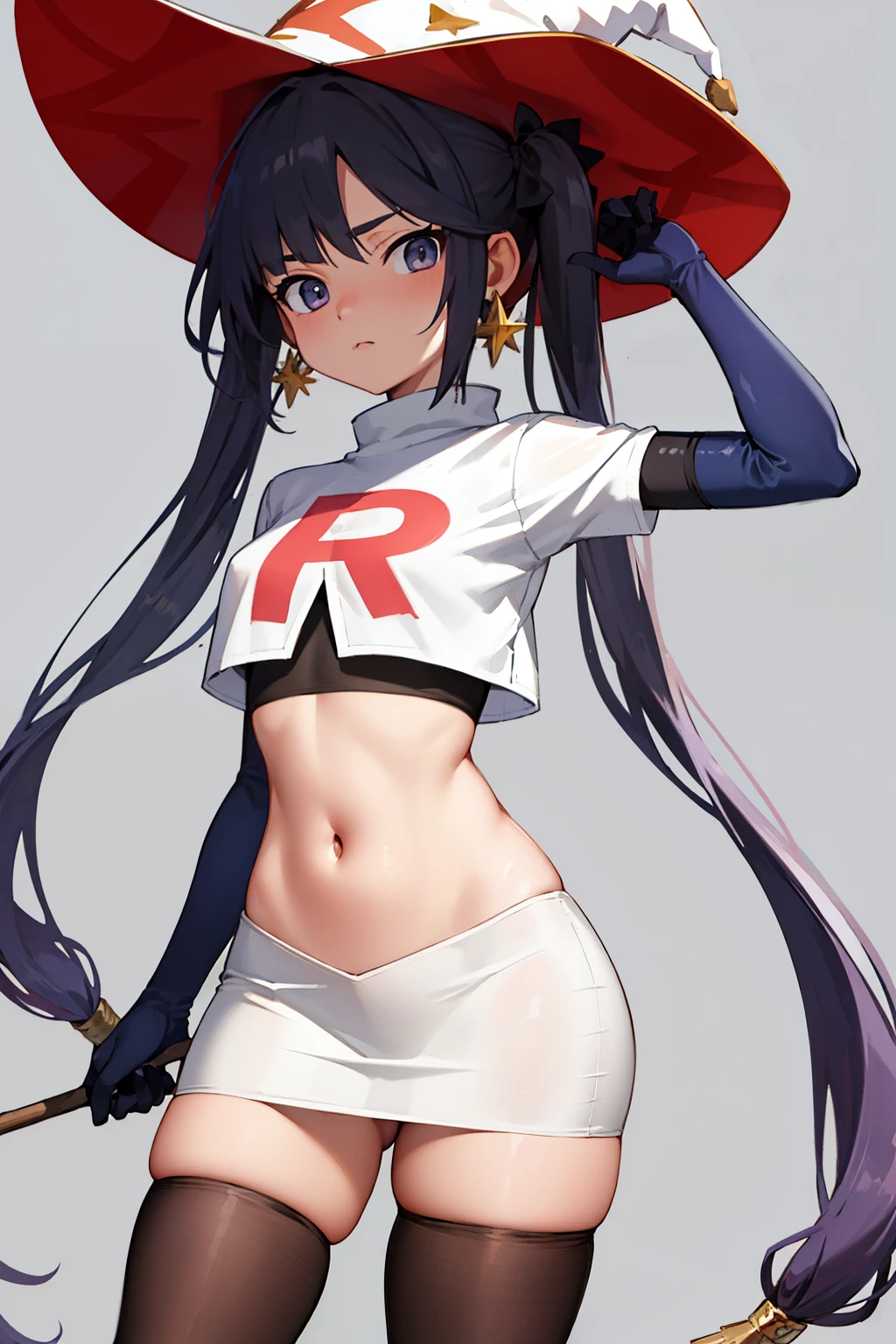 ((masterpiece,best quality)), team rocket,team rocket uniform, red letter R, white skirt,white crop top,black thigh-highs,black elbow gloves zettai ryouiki, aamona, long hair, twintails, hair ornament, black ribbon, earrings, witch hat, purple headwear, cowboy shot,