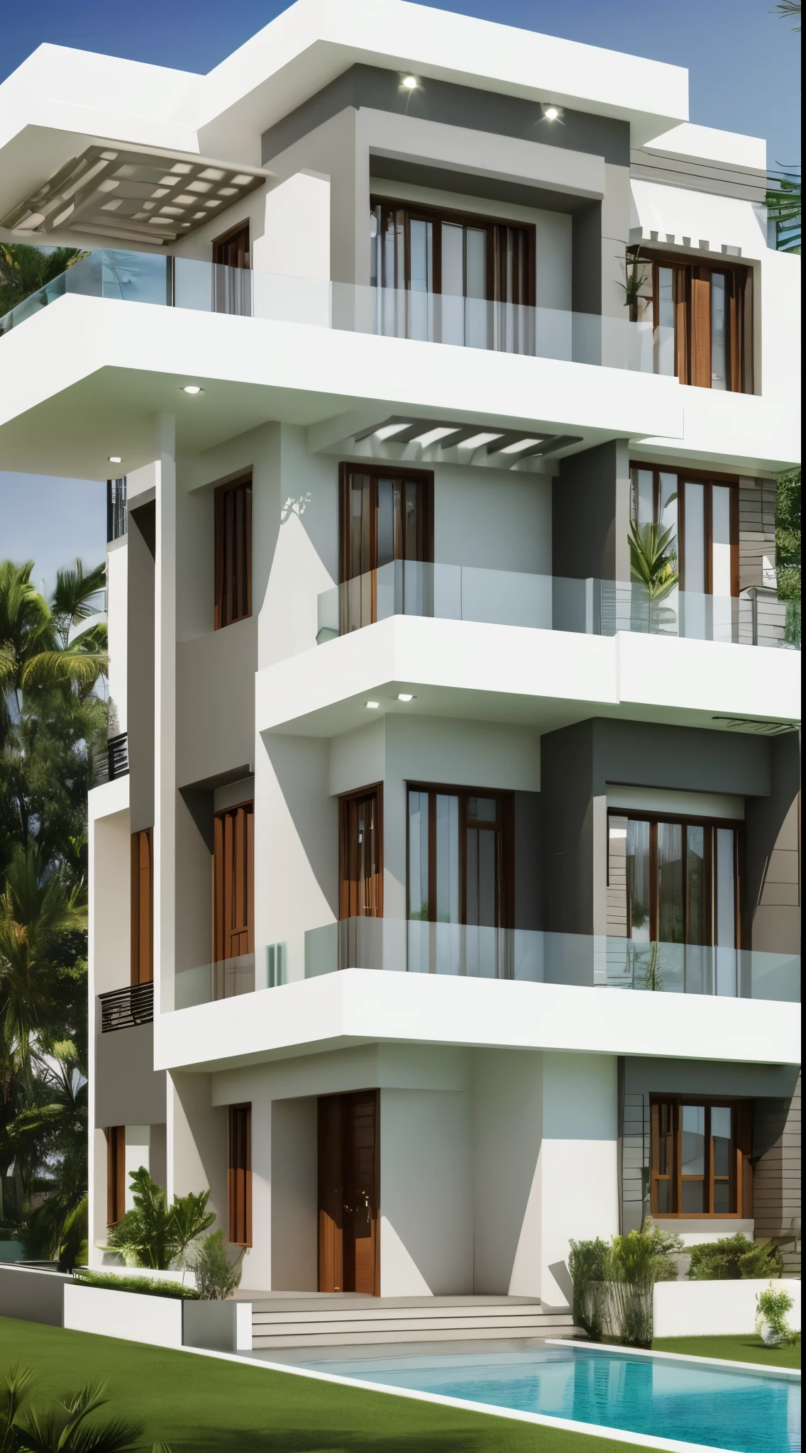 there is a house with a balcony and a balcony on the front of it, inter dimensional villa, house, complete house, residential, exterior design, contemporary house, pristine and clean design, overall architectural design, contemporary, listing image, front view, building facing, clean and pristine design, vivid and detailed, architectural finishes, single floor, front-view, frontview