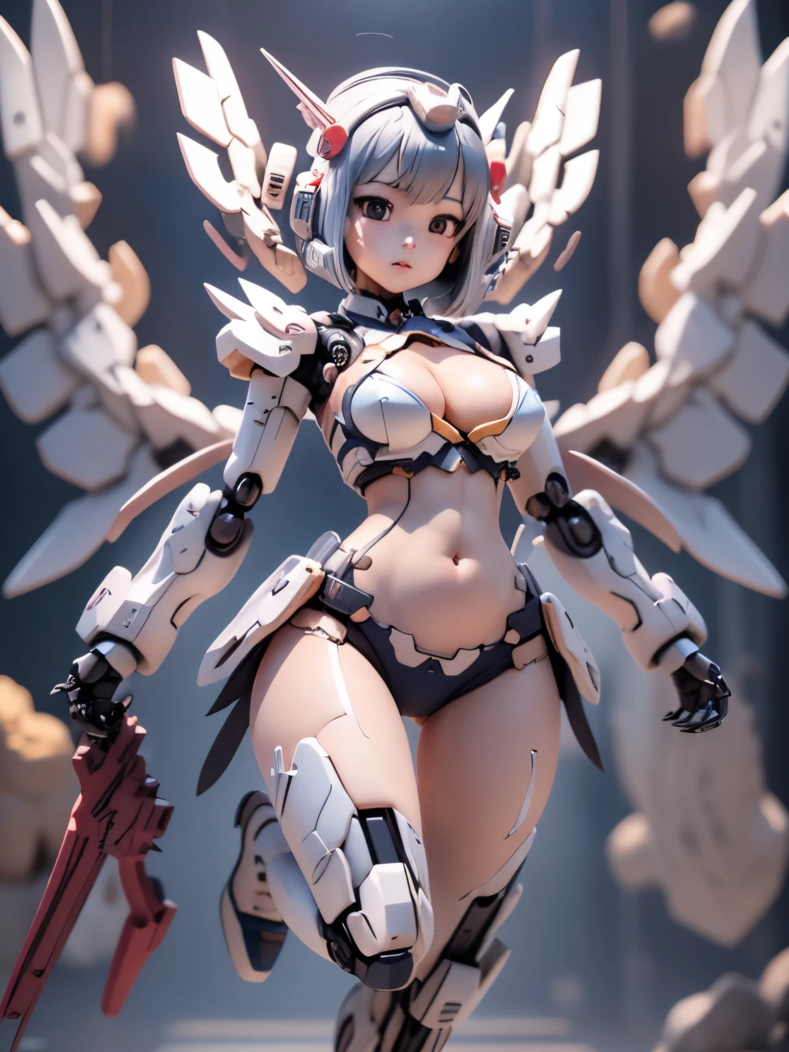 armor colored white and blue,,{(japanese young girl)}, ((wears a futuristic Gundam mecha)),(Gundam style), with headgear, with v-fin , ((unarmored cleavage)), ((unarmored stomach)), ((unarmored upper arms)), ((unarmored face)), (unarmored hands), (unarmored waist), ((unarmored thighs)), (unarmored ankles), japanese girl wear light blue and white striped pantie under armor, full body:1.5, battle pose,Pose that uses the whole body, 
 cute, (cute:1.2), (bob cut:1.3),三つ編み, 黒髪, 太い眉毛, 薄い色の虹彩, 大きくて輝いている黒い瞳, 長いまつげ, 小さく薄い色の自然な唇, (Average face of Japanese idols), (日本人特有の童顔:1.3), (baby face), 広いおでこ:1.2, ふっくらした頬, 小さな顎, open legs, spread feet, visible side boob, (mechanical wings), holding weapon,holding huge weapon, holding Very large shield,looking at viewer,Focus on the eyes , 

 3D rendering, 
 Small robot, 
 portrait female anime, 
 cute 3d anime rendering, 
 cute detailed digital art, 
 mini cute mech, 
 3D rendering stylized, 
 3D renderingされたキャラクター アート 8k, 
 cute digital painting, 
 Anime style 3D, 
 Super detailed rendering, 
 weapon in hand, 
