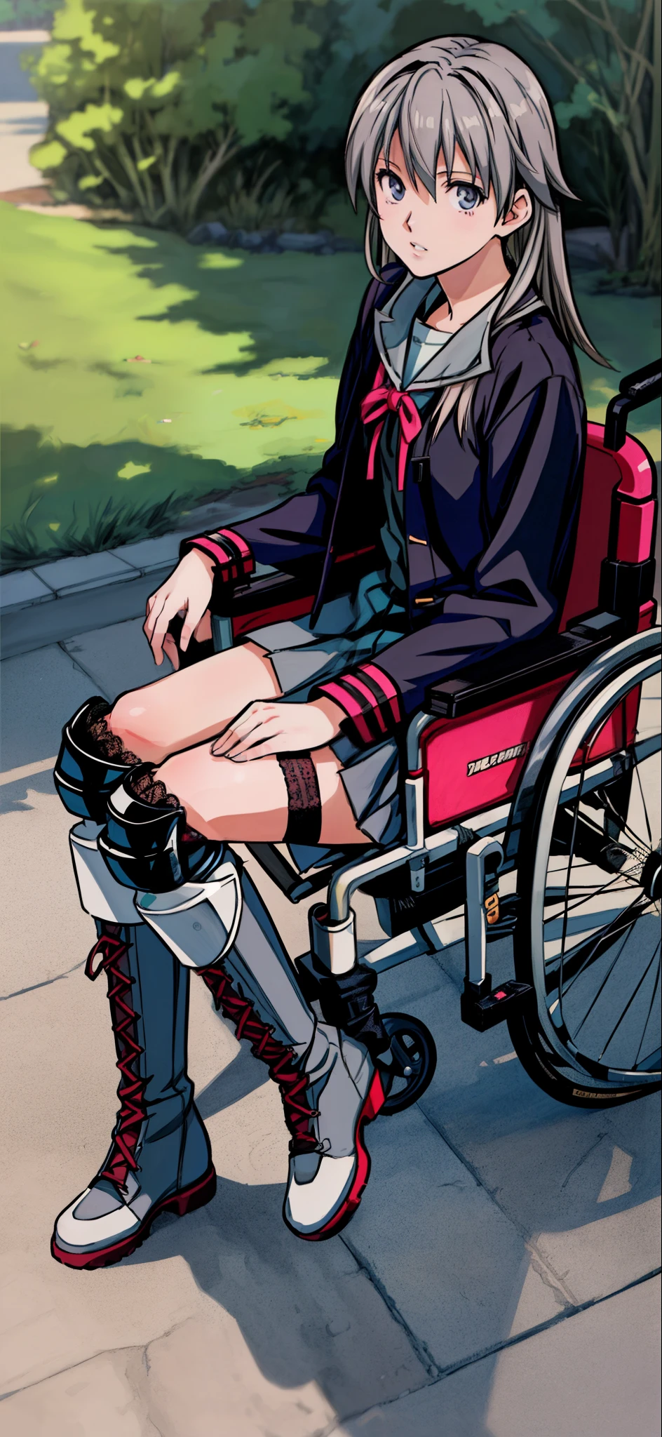 (highest quality,4K,8K,High resolution,table top:1.2), Super detailed, (realistic,photorealistic,photo-realistic:1.37), ((legs close up)),sickly beautiful girl, panic, I was surprised,((gray hair color)),((medium long hair)), ((Being in a wheelchair)),((row a wheelchair)),((hair above the eyes)),((high school girl uniform)),((wear black open finger gloves)),((black lace-up long boots)),((knee pads)),((leg brace)),espadrilles,beautiful and detailed eyes, beautiful detailed lips, highly detailed eyes and face, long eyelashes, realistic anime 3D style, Smooth anime CG art, Digital rendering by Makoto Shinkai, Moe anime art style, photorealistic rendering of an anime girl, Shinkai Makoto style, Cute anime girl visuals, realistic young anime girl, girl fan art, Created by Anime Artist&#39;studio of.