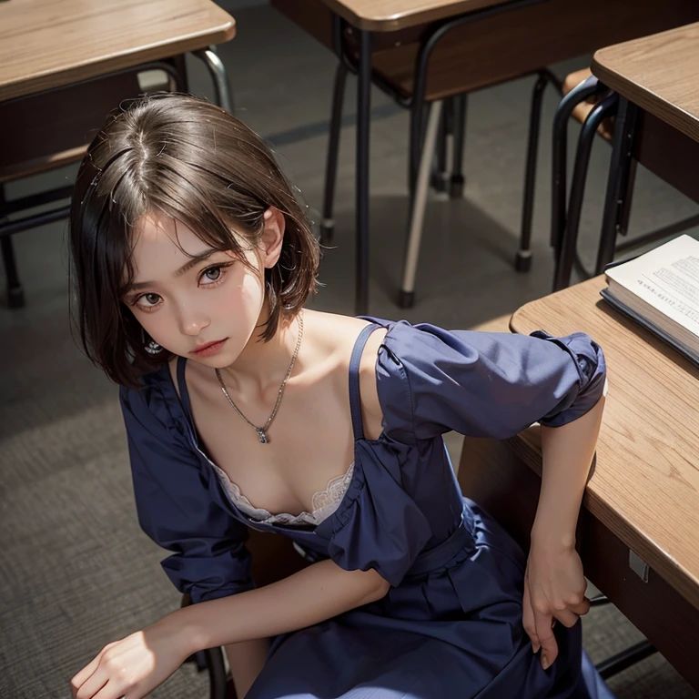 1 girl, downblouse, , munechira,(((small breasts))), looking away,sitting on chair,leaning forward,bending over, , birds-eye view shot , Upper body, necklace ,in classroom ,long sleeves dress,decolated detailed  bra within,long skirt, short hair 