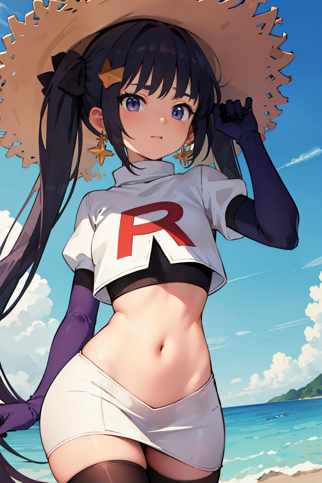 ((masterpiece,best quality)), team rocket,team rocket uniform, red letter R, white skirt,white crop top,black thigh-highs,black elbow gloves zettai ryouiki, aamona, long hair, twintails, hair ornament, black ribbon, earrings, witch hat, purple headwear, cowboy shot,