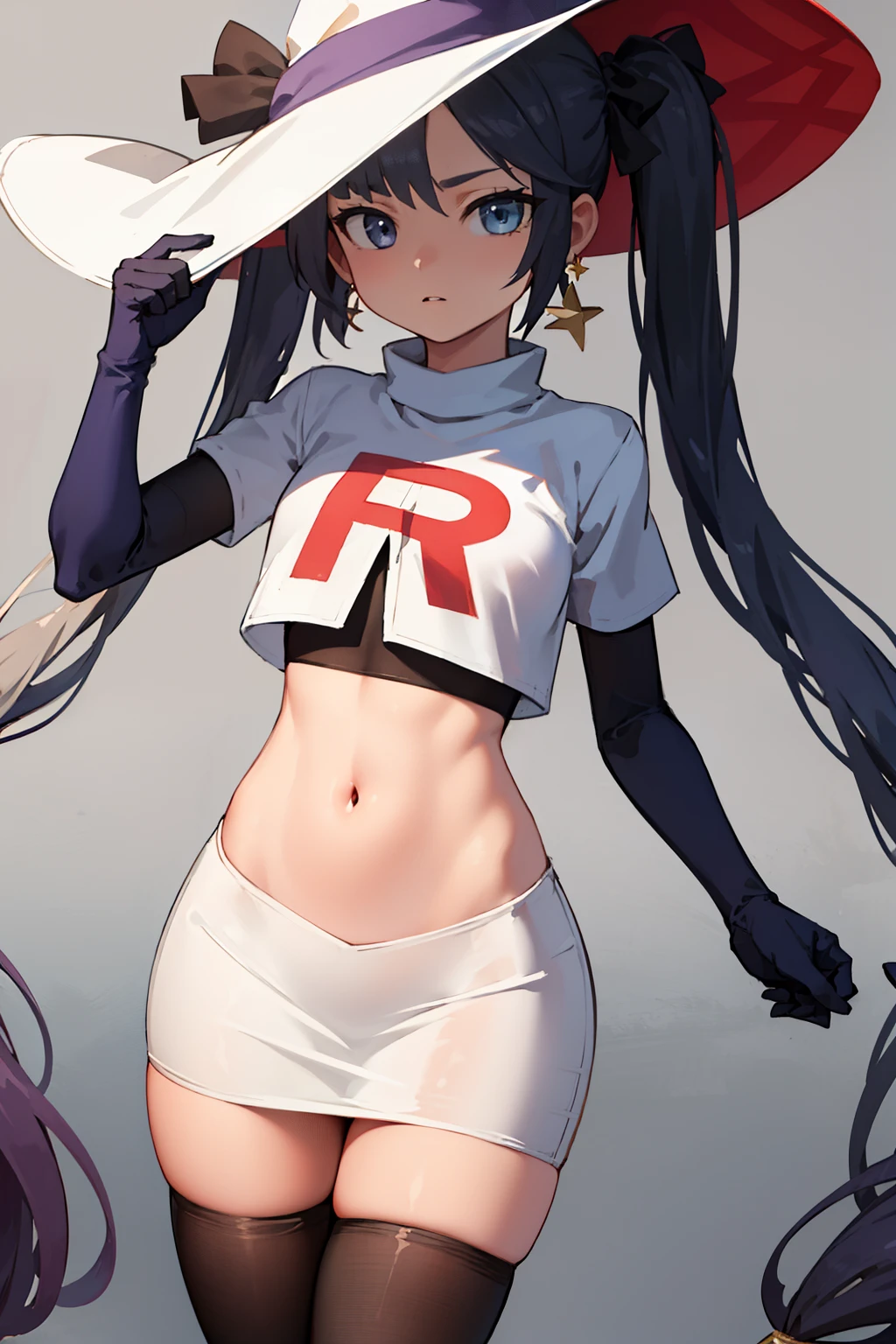 ((masterpiece,best quality)), team rocket,team rocket uniform, red letter R, white skirt,white crop top,black thigh-highs,black elbow gloves zettai ryouiki, aamona, long hair, twintails, hair ornament, black ribbon, earrings, witch hat, purple headwear, cowboy shot,