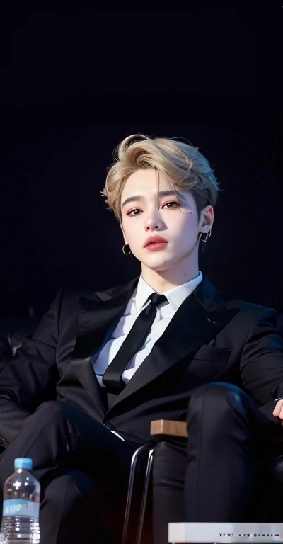 Araffe sitting in a chair with a bottle of water, Jimin\the full lips, park Jimin, Jimin, Jimin\o nariz grego, accurate Jimin face, Jimin\the right eyelid is swollen, hyung tae, taejune kim, Yoongi de cabelo preto, Jungkook, handsome androgynous prince, delicate androgynous prince, cai xukun