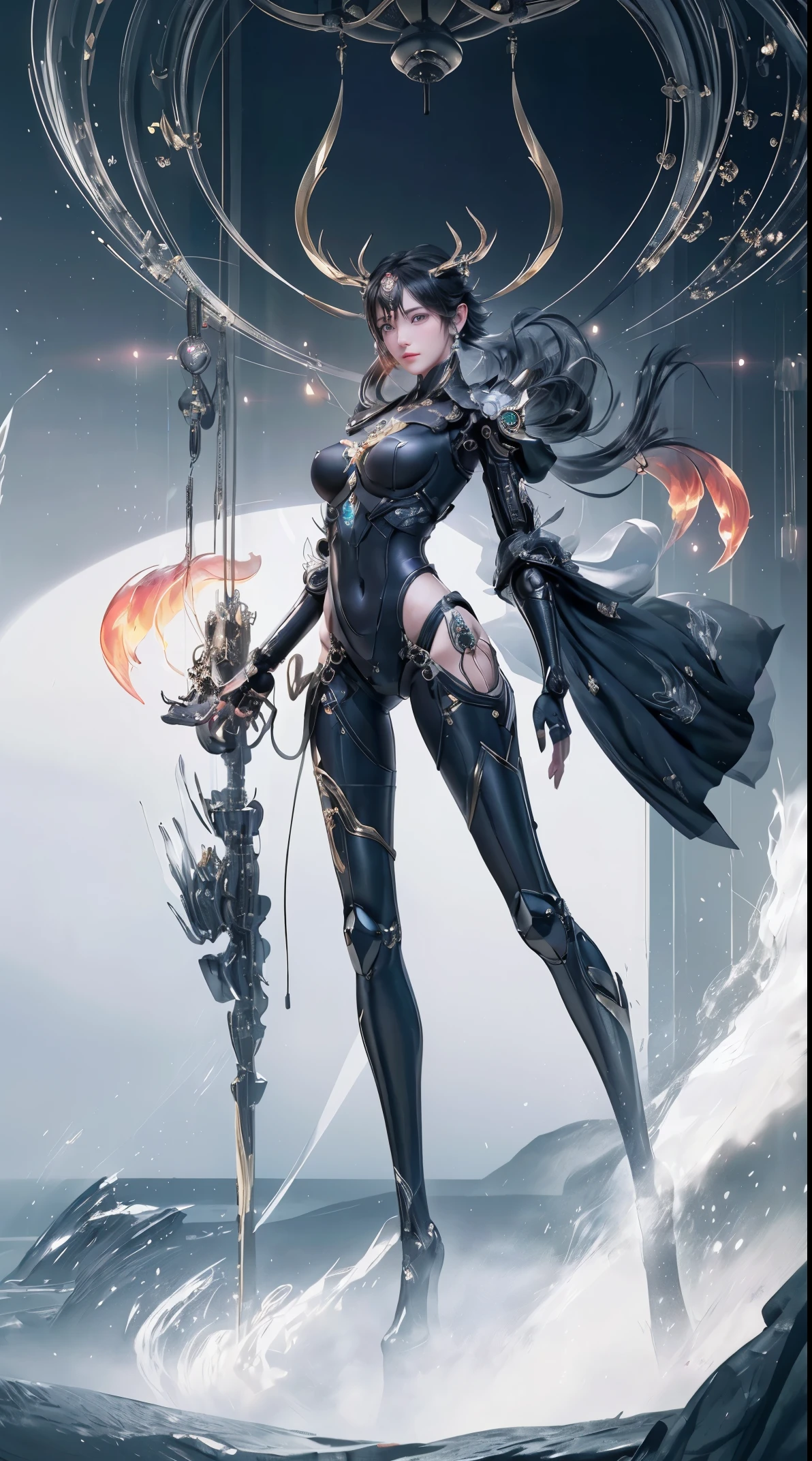 (from the front:1.5), (1Mechanical Girl:1.5),whole body, alone, slim waist, Thick thighs,  (Machine made joints:1.2),(mechanical limbs:1.1),(The blood vessels are connected to the tube),(Mechanical vertebrae attached to the back),(Mechanical cervical spine attached to the neck), lamp on armor, Mecha head mirror, (发Light手臂:1.5), (激Light眼:1.5), Poker face, huge breasts, 

rich and colorful,human development report, Light线追踪, NVIDIA RTX, super resolution, Unreal 5, subsurface scattering, PBR texture, post processing, Anisotropic filtering, depth of field, Maximum clarity and sharpness, rule of thirds, 16k original, (发Light粒子:1.4), Extremely detailed CG, unified 8k wallpaper, 3D, Lighting, 镜头Light晕, Reflection, sharp focus, cyberpunk art,  actual, highly detailed CG illustration, extremely delicate and beautiful, Light, (photoactual:1.5), (dark background:1.5),dynamic angle, masterpiece, best quality, Super detailed, illustration, 细节Light, dramatic_shadow,face shadow,extra details,best show,