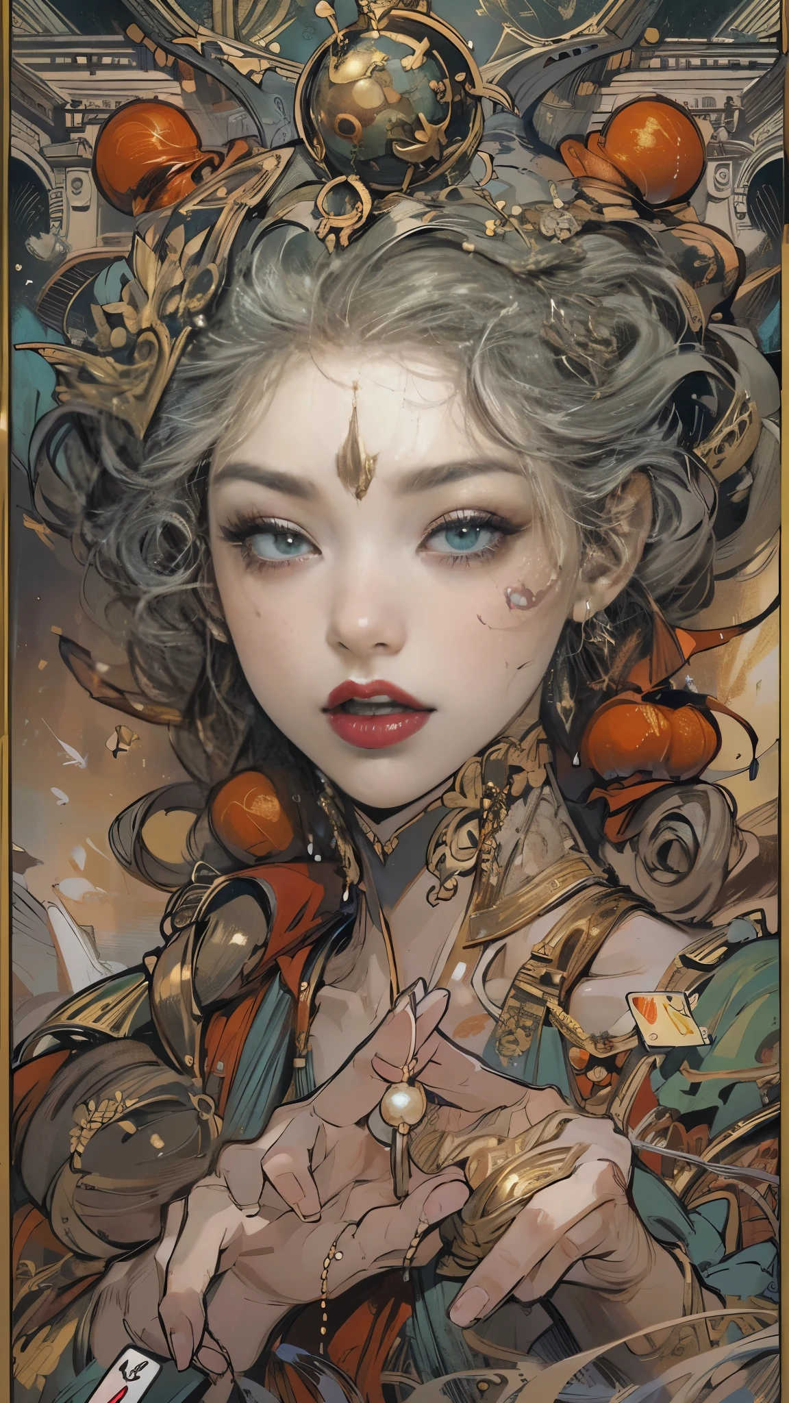 tarot cards，完整的tarot cards边框，(图像被tarot cards式边框包围:1.8), black woman ahgao，silver hair，a heartwarming smile，thick lips，elongated eyes，charming eyes，（Beautiful and detailed eye descriptions），snow white skin，Mature，red lips（Very delicate and beautiful），Super detailed，masterpiece，））smile happily，open mouth，barefoot，without wearing shoes，In the depths of the ocean，（（（masterpiece），（Very detailed CG unity 8k wallpaper）），best quality，light，detailed background，Sexy gesture，（Correct face shape 1.6）（wear：Red suspender dress，soaked，metal trim，skirt，），飘逸的skirt，Exposing arms，（background with：Ruins of Atlantis，），（at your feet：Destroyed buildings，）Deep background，marvelous and unbelievable，epic work，(intricate details，Ultra-detailed:1.2)，art station，（masterpiece，best quality）Surrealism, shadow, relief, Stereo view, perspective,  影院light, 8k, Super details, precise, best quality, high resolution, Award-winning, anatomically correct，sea water foam, bubble, shell, fish, pearl，Nautilus，plant，jellyfish，coral，Retro Style，（Zentangle，mandala，tangled，entangled）， (fractal art: 1.3)，Divine light，gold foil，gold foil艺术，Flash drawing，完整的tarot cards边框，（full bezel 1.5），Fang Yi，