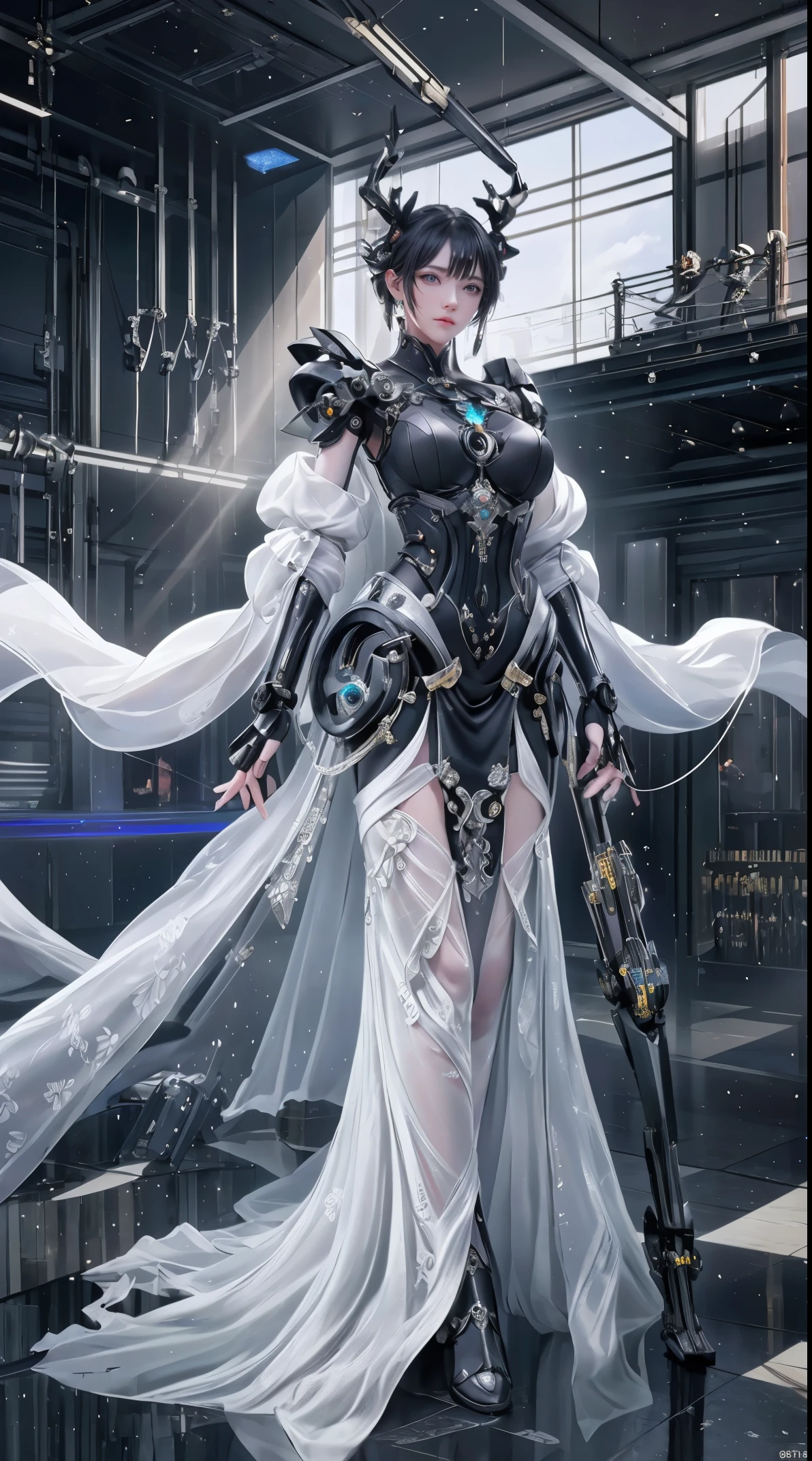 elegant hair,One girl,alone,Mechanical Headwear,Looking up at the lens,Gray Hair,Long Hair,whole body,Mechanical Arm,(shine:1.2),Earrings,View your viewers,Mechanical Necklace,Positive symmetrical composition,blue eyes,Robot Background,diamond,Background of the giant light engine,Mechanical legs,.