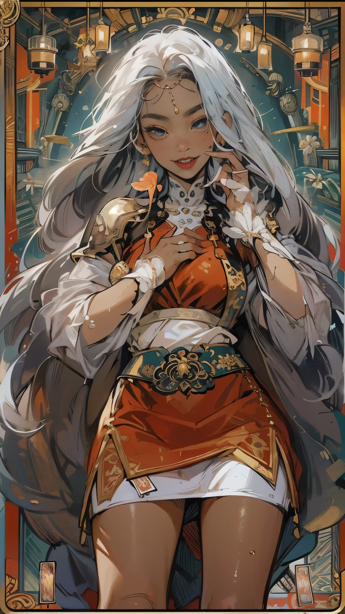 tarot cards,完整的tarot cards边框,(图像被tarot cards式边框包围:1.8), black woman ahgao,silver hair,a heartwarming smile,thick lips,elongated eyes,charming eyes,(Beautiful and detailed eye descriptions),snow white skin,Mature,red lips(Very delicate and beautiful),Super detailed,masterpiece,))smile happily,open mouth,barefoot,without wearing shoes,In the depths of the ocean,(((masterpiece),(Very detailed CG unity 8k wallpaper)),best quality,light,detailed background,Sexy gesture,(Correct face shape 1.6)(wear:Red suspender dress,soaked,metal trim,skirt,),飘逸的skirt,Exposing arms,(background with:Ruins of Atlantis,),(at your feet:Destroyed buildings,)Deep background,marvelous and unbelievable,epic work,(intricate details,Ultra-detailed:1.2),art station,(masterpiece,best quality)Surrealism, shadow, relief, Stereo view, perspective, 影院light, 8k, Super details, precise, best quality, high resolution, Award-winning, anatomically correct,sea water foam, bubble, shell, fish, pearl,Nautilus,plant,jellyfish,coral,Retro Style,(Zentangle,mandala,tangled,entangled), (fractal art: 1.3),Divine light,gold foil,gold foil艺术,Flash drawing,完整的tarot cards边框,(full bezel 1.5),Fang Yi,