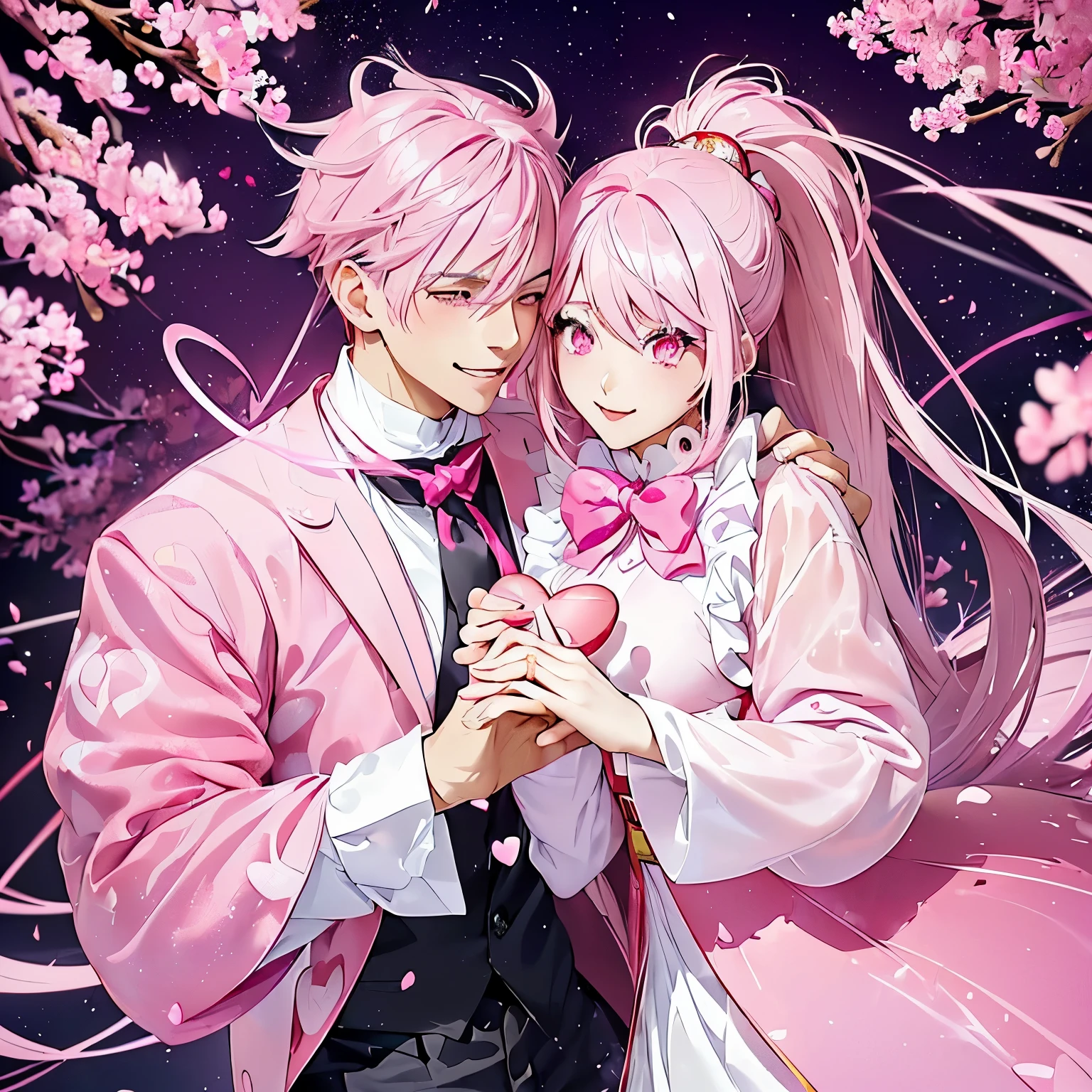 ((((Anime couple)))) ((female pink hair)) ((pink eyes)) ((male white hair)) ((gold eyes)) ((holding hands)) ((valentines day)) ((cute female dress)) ((pink and white dress)) ((cute male outfit)) ((white long-sleeved shirt)) ((black pants)) ((pink tie)) ((pink hearts)) ((red hearts)) ((beautiful makeup)) ((couple smiling)) ((cherry blossom background)) ((beautiful scenery)) ((in love)) ((giggling)) ((happy))