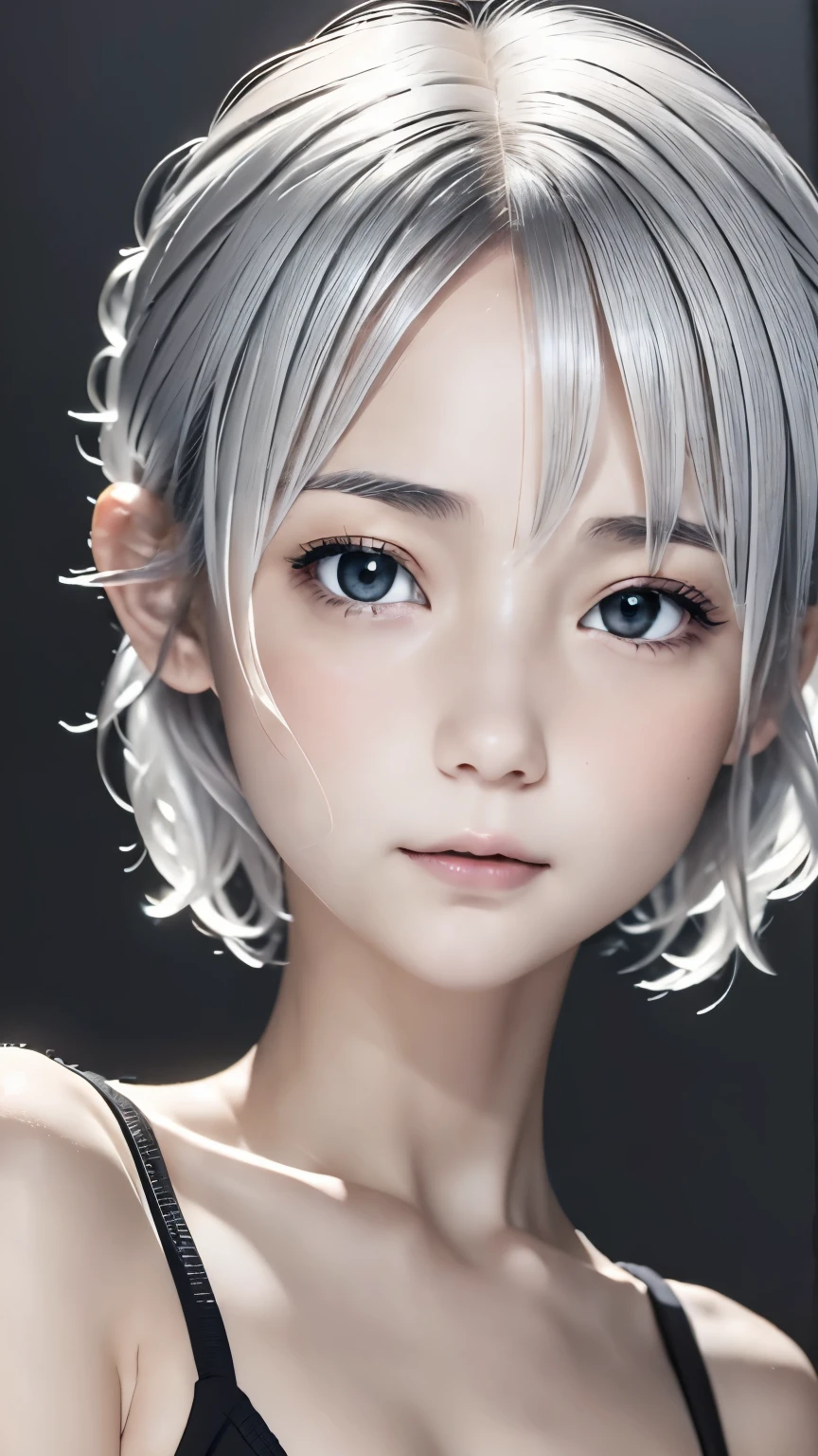 ((wallpaper 8k)), ((surreal)), ((Quality with attention to detail:1.2)), 1 girl, 14talent、kind eyes、plump lips、Ash gray hair、An ennui look、(((small breasts、small breasts、areola:1.1、nipple)))、black classy dress,Black capelet, look up, Widespread poverty, short cut hair、short hair twintails、Ash gray hair:1.5、white skin、