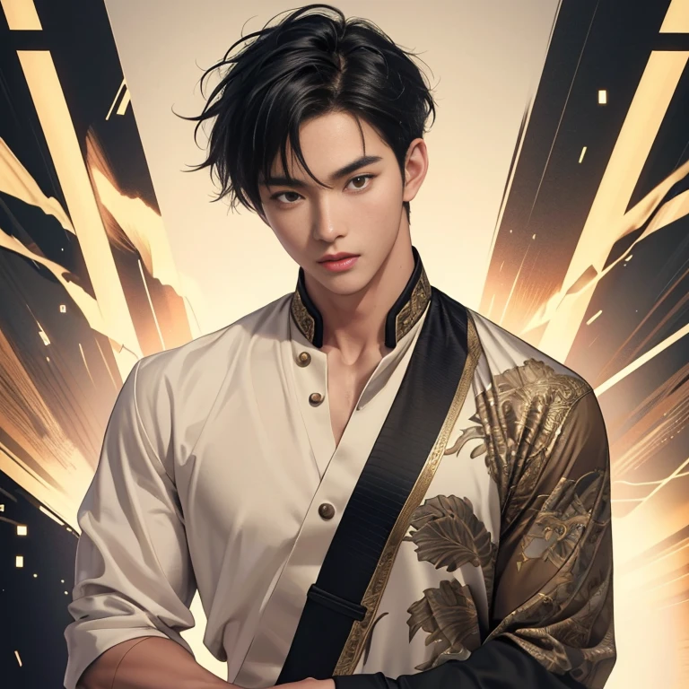 High quality, masterpiece, highly detailed, 8k, perfect face, perfect body, realistic, photogenic, man, Asian, young, black hair, short hair, handsome, detailed eyes, beautiful detailed nose, realistic body, realistic light, comfortable expressions, cute guy, sweat guy, cool guy, abs sixpack, model style, sexy clothes , full body, clean skin