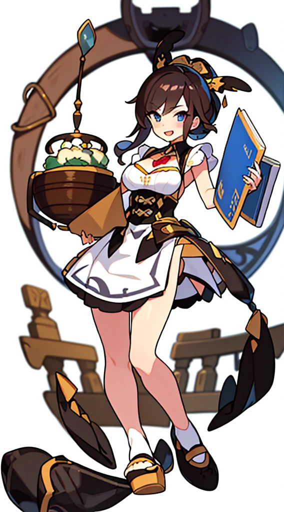 solo woman, (((blurry background, white background))), character focus, standing, full body, clerk, salesperson, Earth Tones Color outfit, dirndl, bustier,  librarian, 
