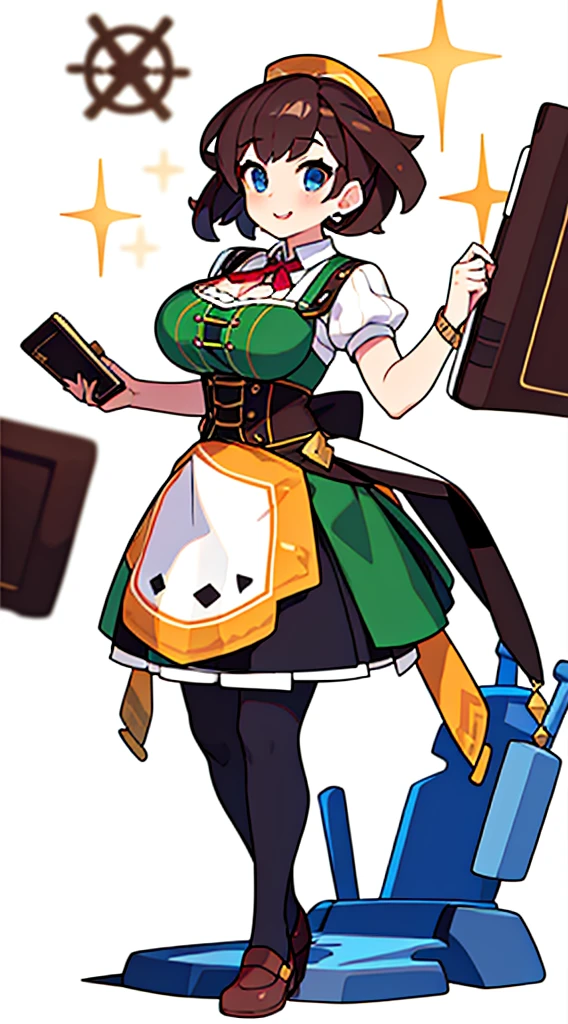 solo woman, (((blurry background, white background))), character focus, standing, full body, clerk, salesperson, Earth Tones Color outfit, dirndl, bustier, librarian,