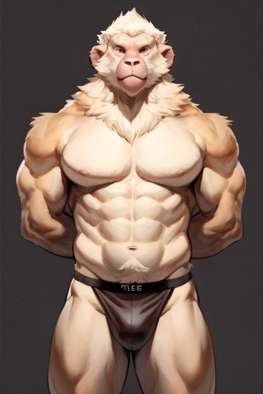 Solo, Furry, Anthro, Capuchin, Male, E621, Standing, Muscular, Hands behind back, Wearing underwear, Plain background, Front view, Light skin, By bebebebebe
