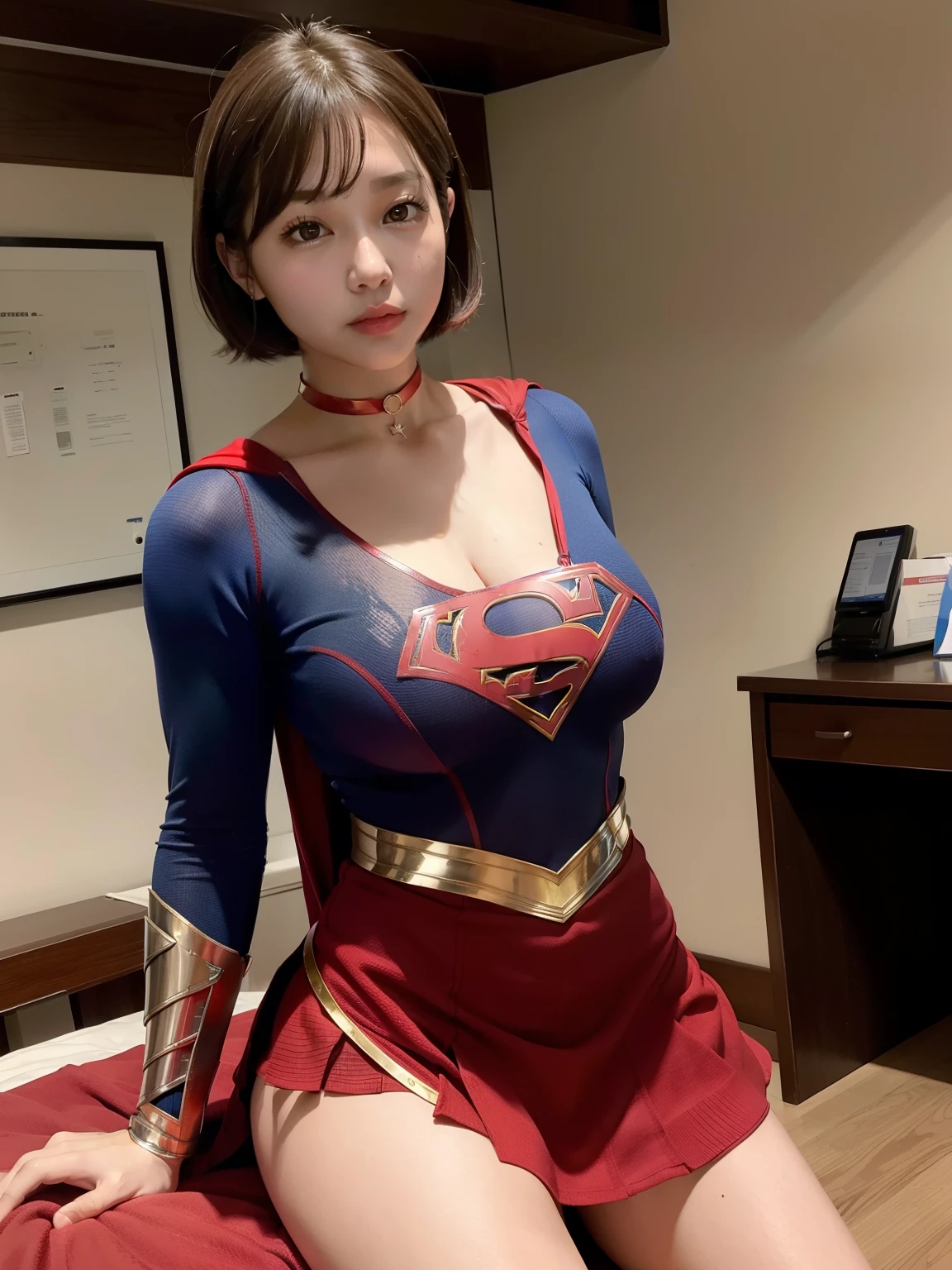 masterpiece、Supergirl costumes、short hair、barefoot、big and full breasts、Research room、operating table、straddle、Tattered、shiny、look at the camera、Seduce、choker、long sleeve、red mini skirt、Cowgirl