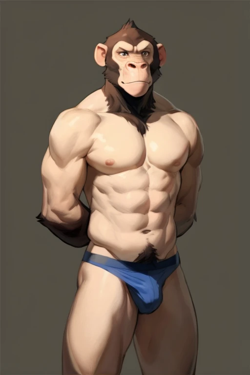 Solo, Furry, Anthro, Chimpanzee, Male, E621, Standing, Muscular, Hands behind back, Wearing underwear, Plain background, Front view, Light skin, By bebebebebe
