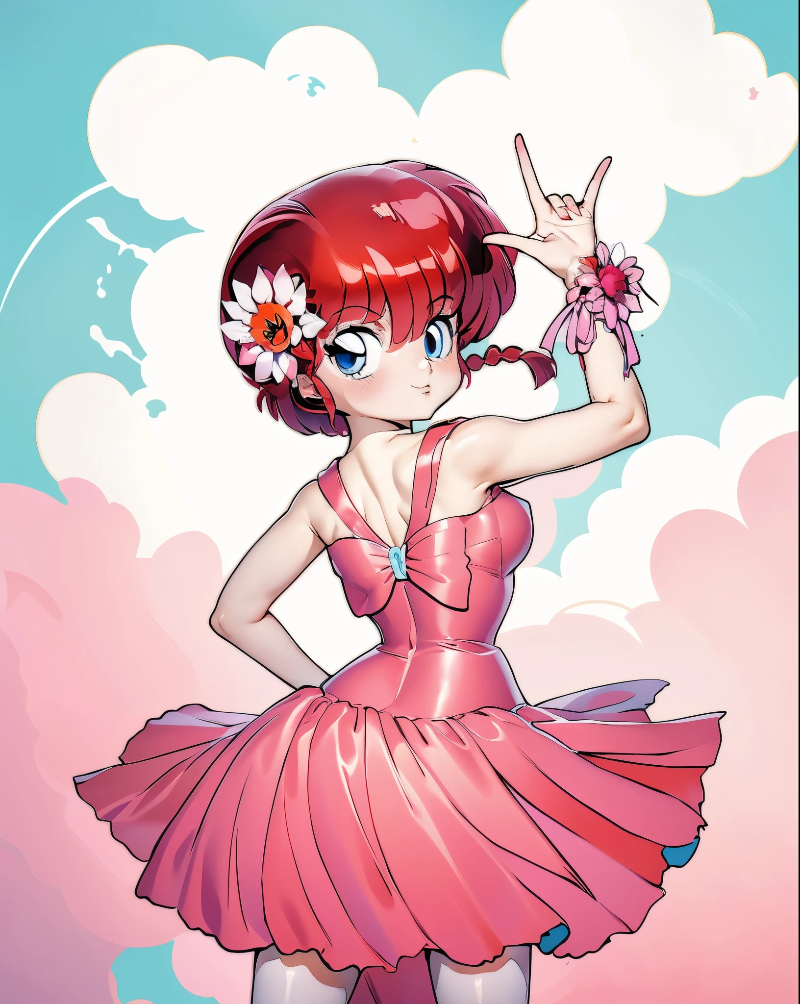 redhead anime girl in a pink latex dress with a flower in her hair, cute anime girl, full body, 16 year old girl, sexy girl, big breasts, anime style character, dressed in a latex dress, inspired by Rumiko Takahashi, author Rumiko Takahashi, inspired by Ranma 1/2 artwork, anime art style, pink dress, anime style, sexy anime girl, beautiful breasts, Ranma Chan, beautiful lighting, realistic shadows