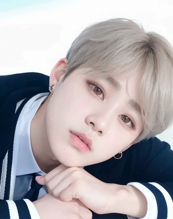 blurred image of a boy in a blue sweater and tie, Jimin\the full lips, park Jimin, accurate Jimin face, Jimin, Jimin\the right eyelid is swollen, Jimin\o nariz grego, cabelo preto, Kim Doyoung, inspirado em Kun Can, adorable and pale korean face, kpop idol portrait, Yanjun Chengt, Retrato de Jossi do Blackpink