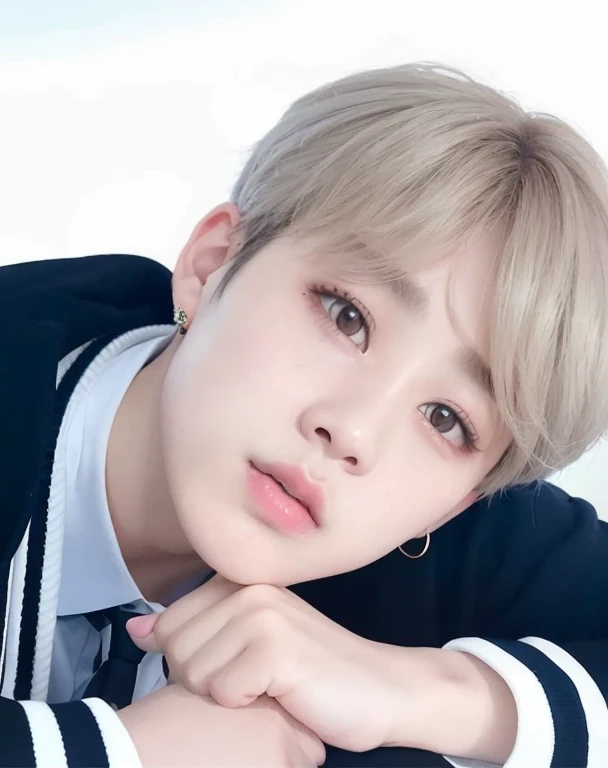 blurred image of a boy in a blue sweater and tie, Jimin\the full lips, park Jimin, accurate Jimin face, Jimin, Jimin\the right eyelid is swollen, Jimin\o nariz grego, cabelo preto, Kim Doyoung, inspirado em Kun Can, adorable and pale korean face, kpop idol portrait, Yanjun Chengt, Retrato de Jossi do Blackpink