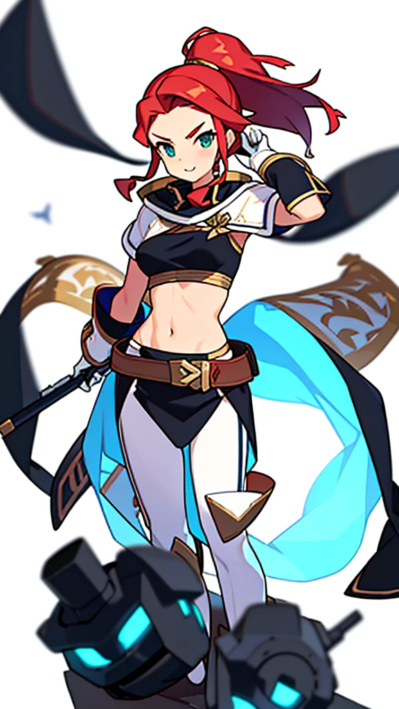 solo female, midriff, (((blurry background, white background))), character focus, fantasy clothes, standing, grove cuff, gloves, character design,