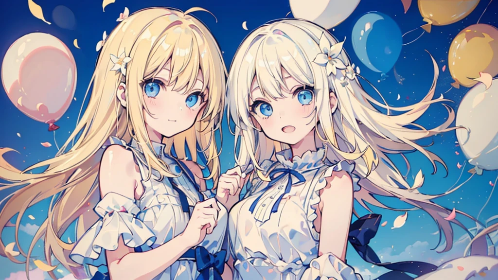 (face, 2 girls, blonde hair, blue eyes, white sundress, kawaii), (fluttering petals, colorful balloons, celebration, congratulation)