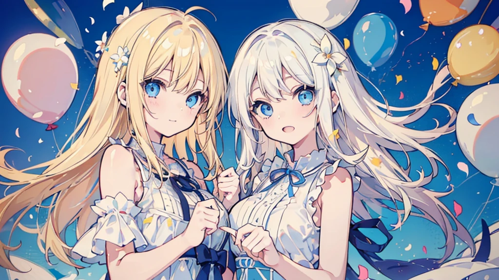 (face, 2 girls, blonde hair, blue eyes, white sundress, kawaii), (fluttering petals, colorful balloons, celebration, congratulation)