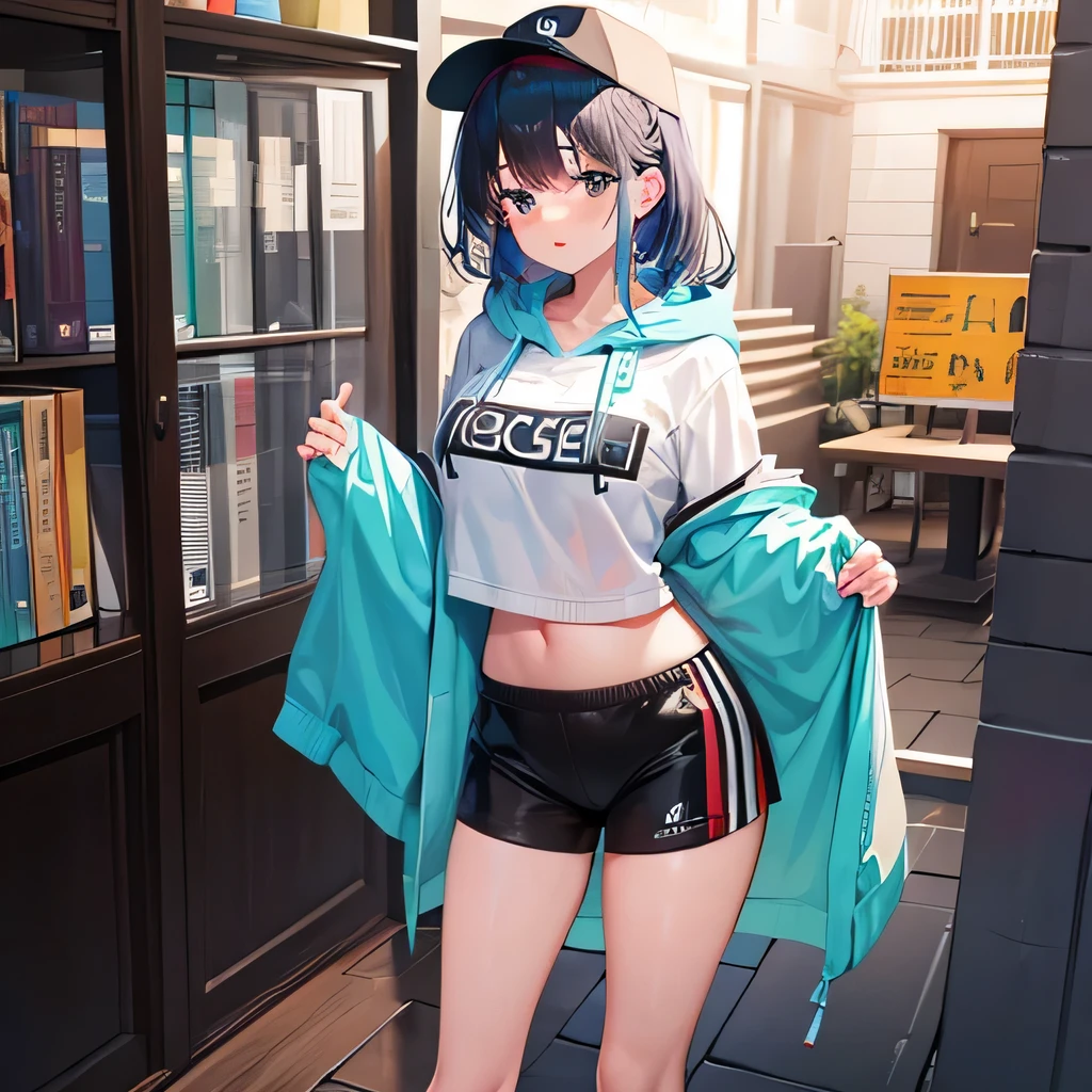 anime style、Have a game console、Standing picture、wearing a hoodie、woman、secondary elements、Vtuber、fantastic scenery