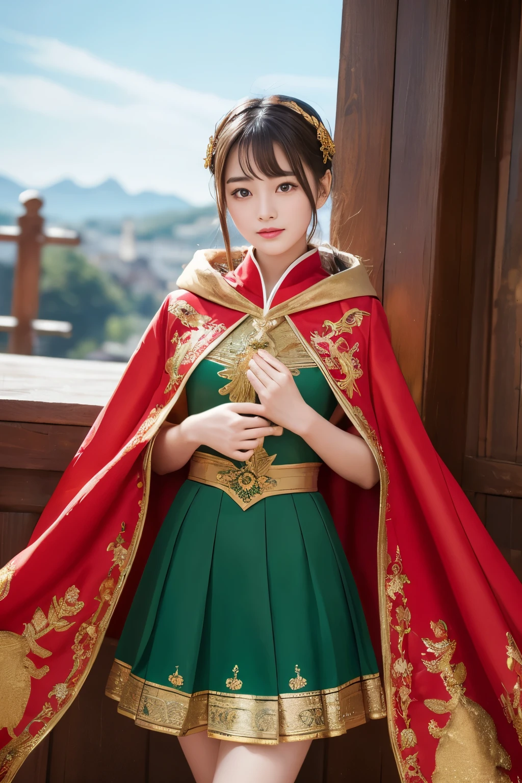 masterpiece,highest quality,ultra high resolution),japanese woman, Very beautiful girl, naive girl、perfect limbs、perfect anatomy、Shining beautiful skin、Moist eyes、Brown glittery hair、Colors and landscapes of youth、premonition of love,A woman wearing a green and red costume and a cloak, Imperial royal elegant clothing with gold embroidery, royal elegant pose, royal dress, mini skirt,high quality theatrical costumes, Embroidered uniform guard, high quality costumes, beautiful costume,zodiac girl,Phoenix Warrior, palace