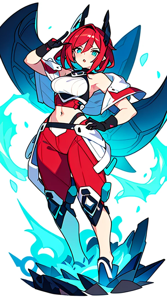 solo female, midriff, (((blurry background, white background))), character focus, fantasy clothes, standing, grove cuff, gloves, character design,