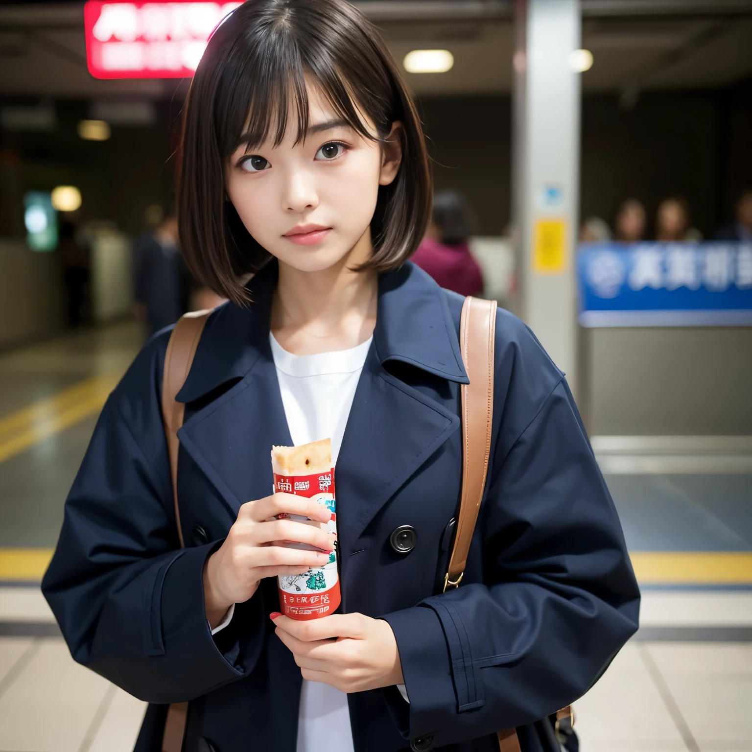 Best-quality, Masterpiece, Ultra-High-Resolution, (Photorealistic:1.4), Raw-Photo, 1girl, the most popular Japanese idol, in station of subway, eating sandwich, wearing trench-coat, extremely cute face like the most famous Japanese idol, ((extremely beautiful big-black-eyes)), extremely beautiful black-short-cut-haired, extremely beautiful lips, extremely beautiful realistic-skins, extremely beautiful fingers, looking at viewer, detailed trench-coat