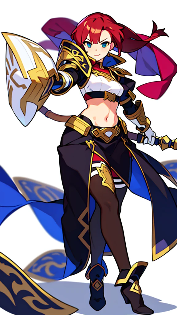 solo female, midriff, (((blurry background, white background))), character focus, fantasy clothes, standing, grove cuff, gloves, character design, gauntlets,
