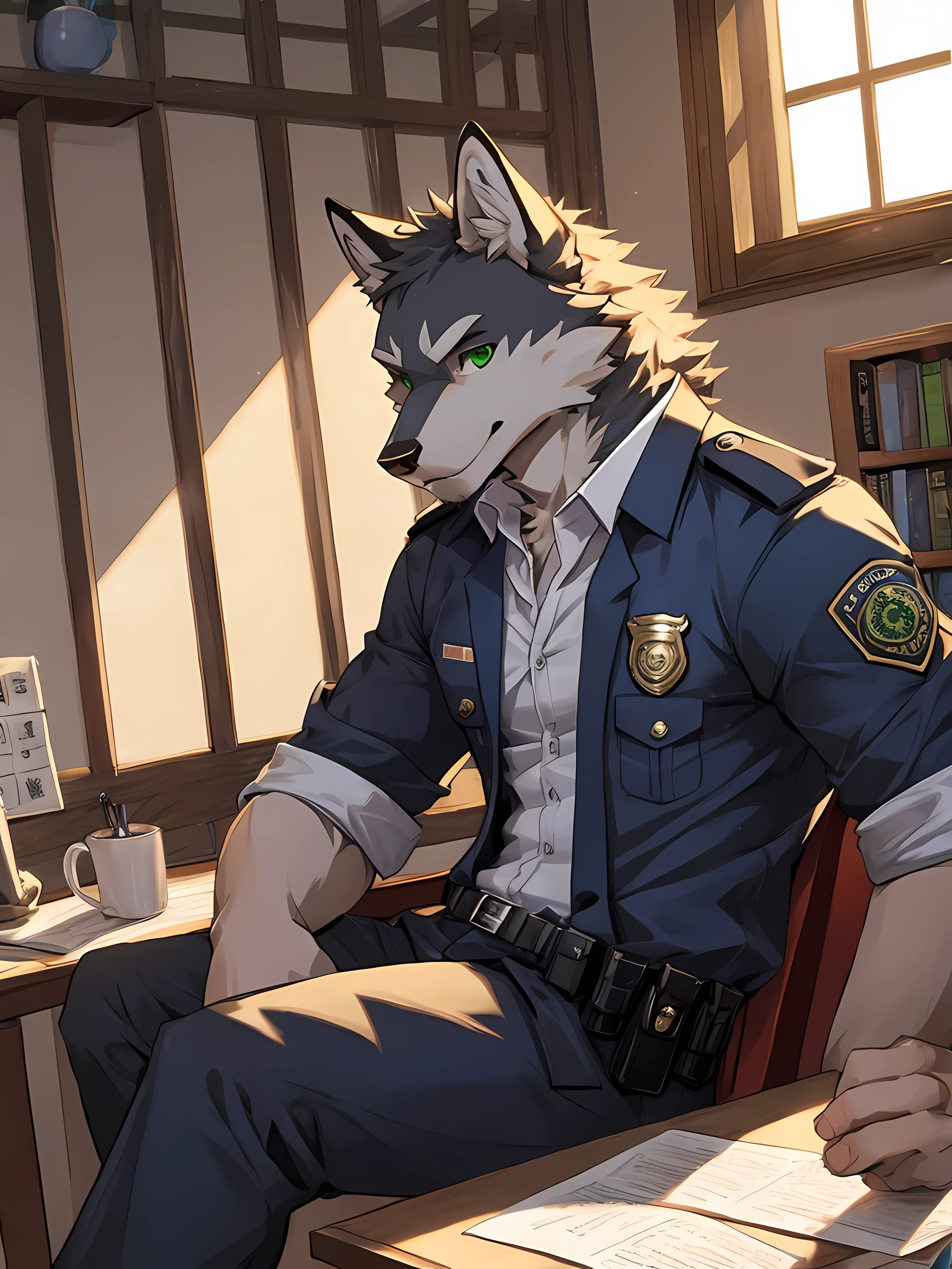 furry,alone,wolf,Chrome colored fur,Emerald green eyes,Realistic horoscope details,wearing a police uniform,Sitting by the window in the office.,Look out the window..,The sun shines in through the window..,Empty eyes