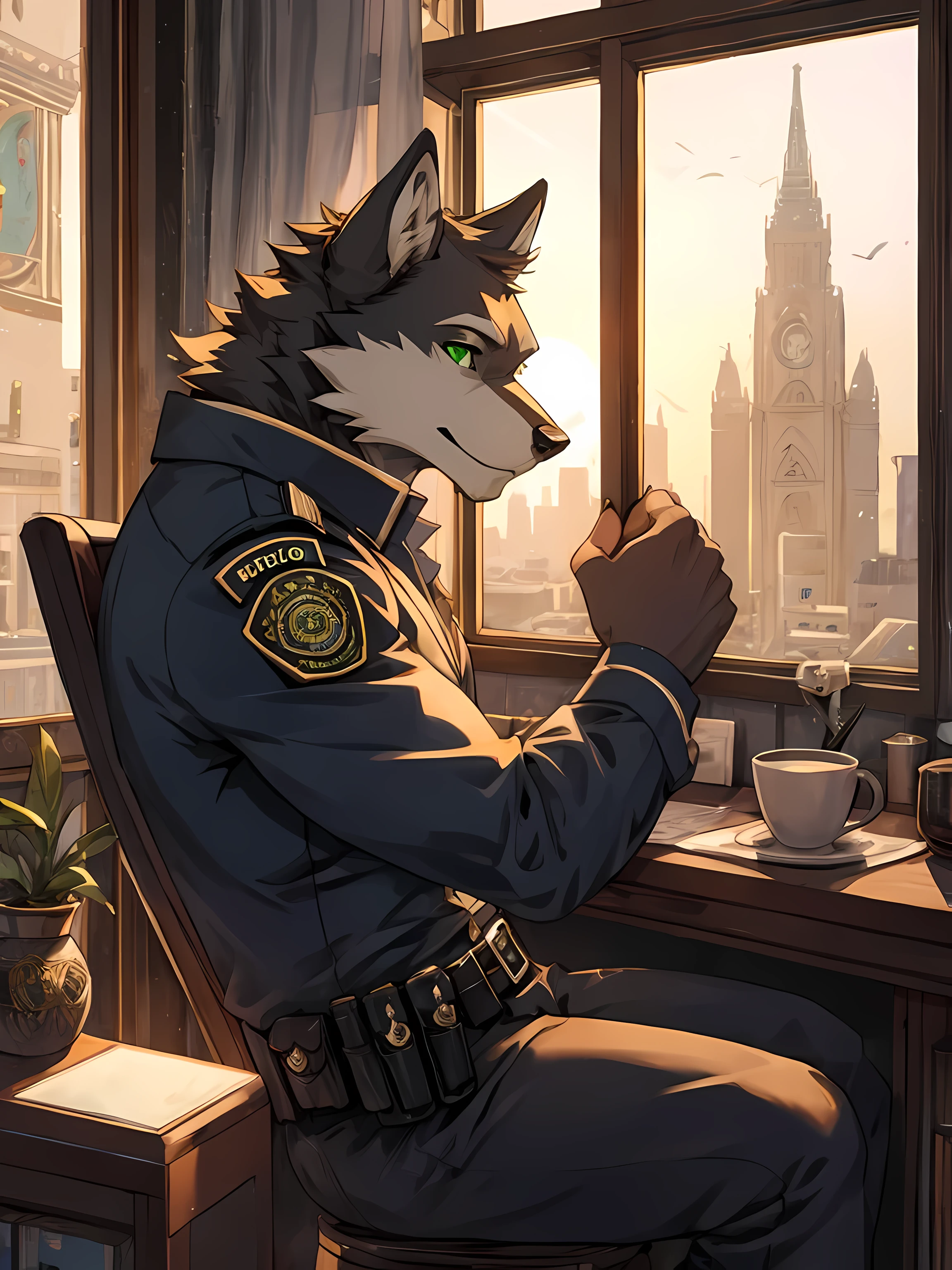 furry,alone,wolf,Chrome colored fur,Emerald green eyes,Realistic horoscope details,wearing a police uniform,Sitting by the window in the office.,Look out the window..,The sun shines in through the window..,Empty eyes