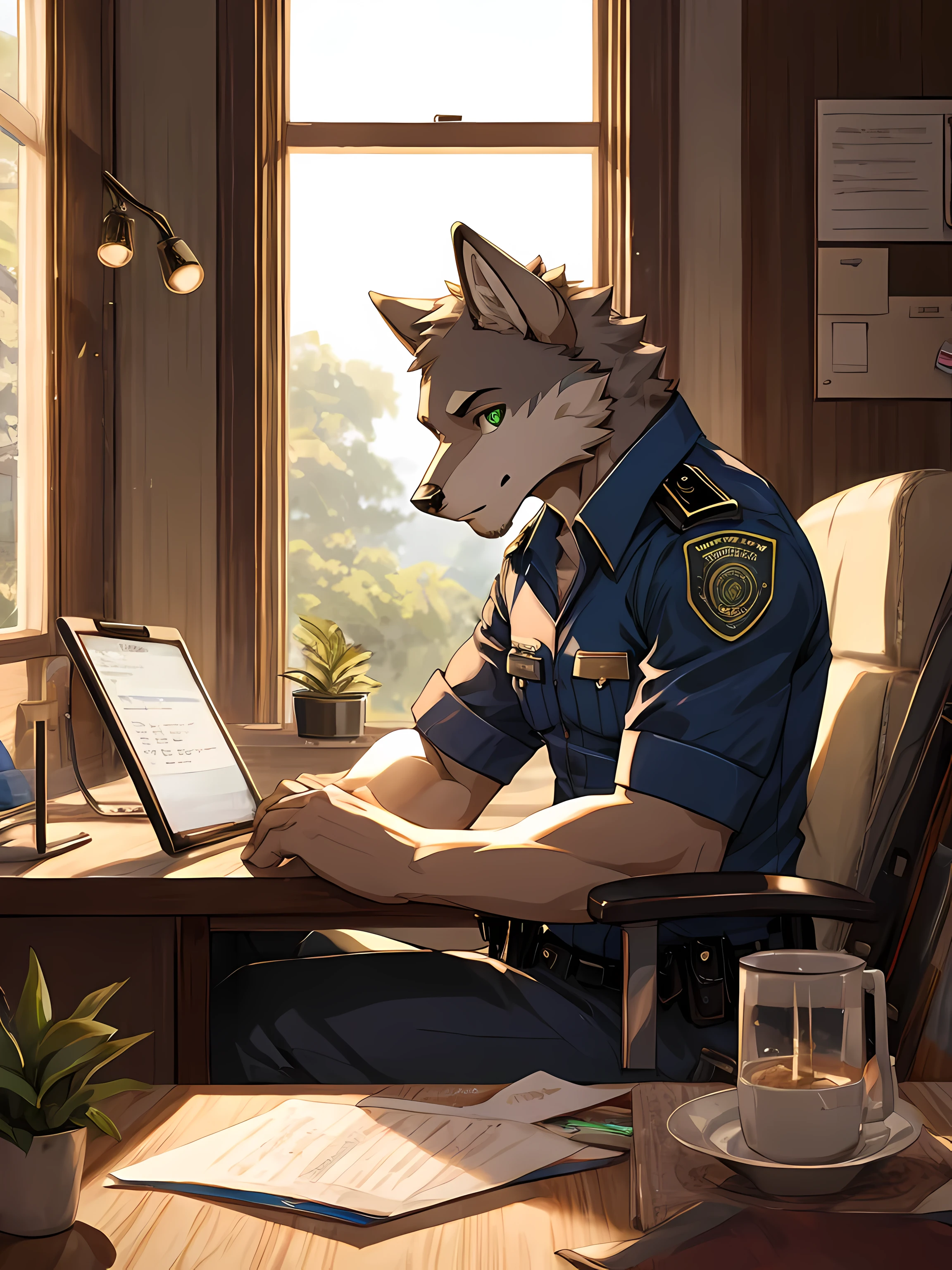 furry,alone,wolf,Chrome colored fur,Emerald green eyes,Realistic horoscope details,wearing a police uniform,Sitting by the window in the office.,Look out the window..,The sun shines in through the window..,Empty eyes