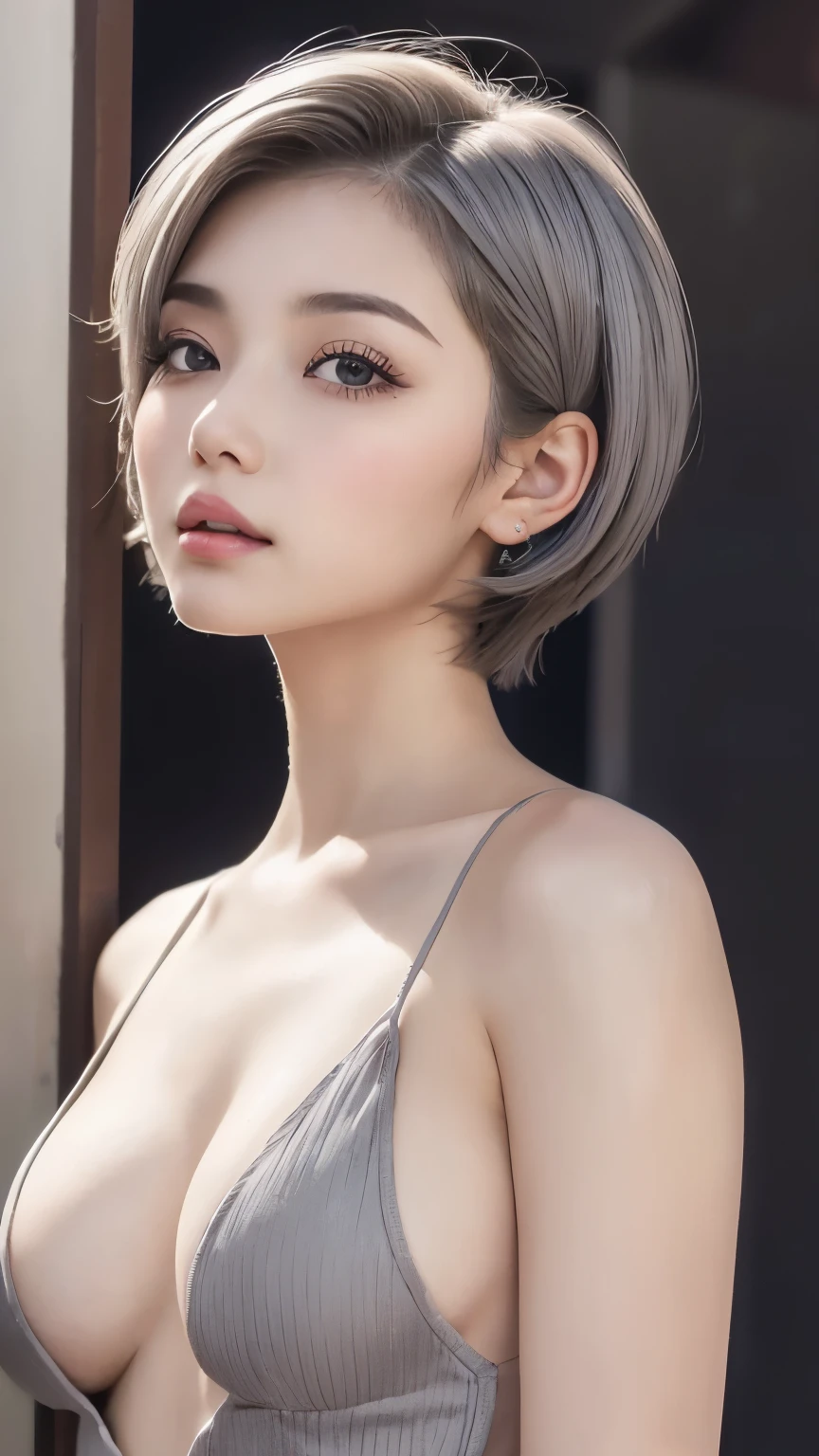 ((wallpaper 8k)), ((surreal)), ((Quality with attention to detail:1.2)), 1 girl, 14talent、kind eyes、plump lips、Ash gray hair、An ennui look、(((small breasts、small breasts、areola:1.1、nipple)))、black classy dress,Black capelet, look up, Widespread poverty, short cut hair、short hair twintails、Ash gray hair:1.5、white skin、