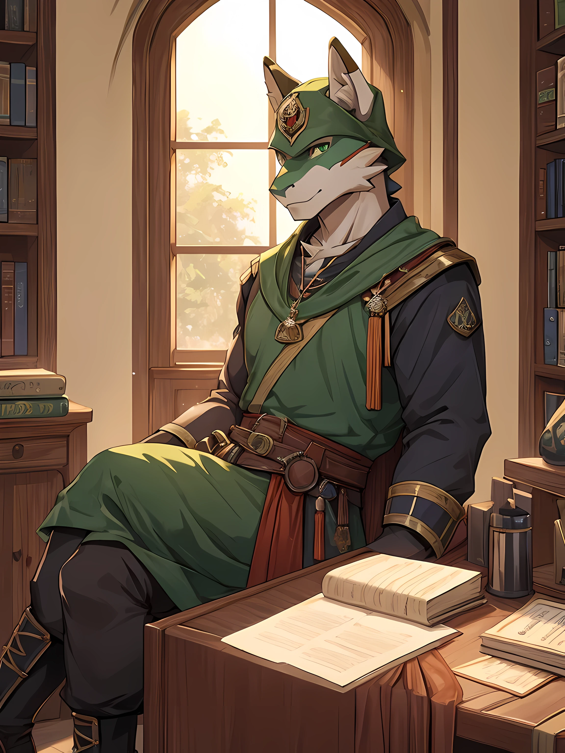 furry,alone,dragon,Pink skin,Emerald green eyes,Realistic horoscope details,Wear a medieval knight's outfit'military uniform.,Sitting by the window in the office.,Look out the window..,The sun shines in through the window..,Empty eyes