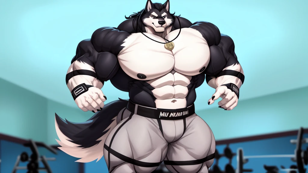 (upload on e621), (Masterpiece), (best quality), (ultra high res), 4K, (8k HD), 2D, (perfect anatomy), (digital art), (official art), (extreme detailed), (ultra detailed), (strapsanime), color, (soft shading), (sharp focus), (((inside gym fitness background))), 1man, black body fur, (((black muscular arms))), white pecs and belly, detailed fluffy fur, (ultra detailed face), detailed eyes, detailed iris eyes, detailed blue eyes, white sclera, black pupils, navel, square chin, (((abs))), (((pectoral))), (((flexes muscles pose))), (((black claw nails))), furry husky male, mature male, (((giant size))), (((macro size))), (((full body))), (((black giant bulky muscular body fur))), canid, (((huge black nipples))), (huge muscles), (((hyper muscles))), (((huge pecs))), (((oversize pecs))), (((giant biceps))), canine, canis, mammal, black husky, (((powerful husky))), husky male, fierce face, serious expression, husky anthro, solo, standing, (((black long hair))), (((added straps on biceps and forearms))), (((perfect fingers))), (((five fingers))), (((white hands and fingers))), (((wearing fingerless black leather gloves))), (((black leather fingerless gloves))), (((three black straps on biceps, forearms and hip straps))), (((a pendant with three wolf fangs))), (((black and white underside long husky tail))), (((gray long pants with straps on both legs)))