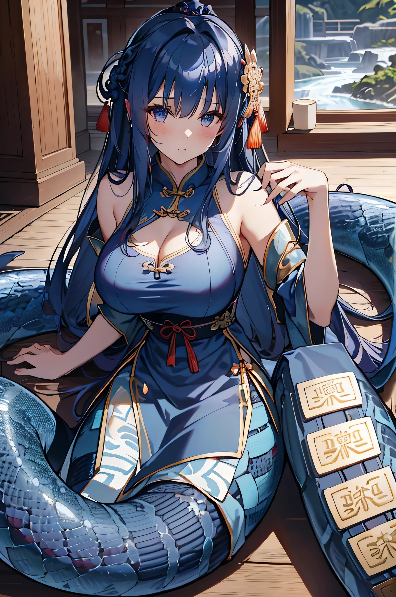 4K,High resolution,one woman,Lamia,dark blue hair,long hair,big breasts,ancient chinese princess,China dress,ancient chinese royal family