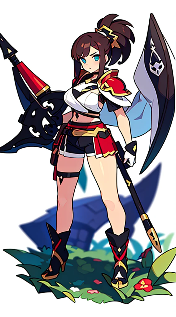 solo female, standing, (((white background, blurry background))), character focus, fantasy clothes, character design, shorts, holding weapon, fullbody, thong, front body,