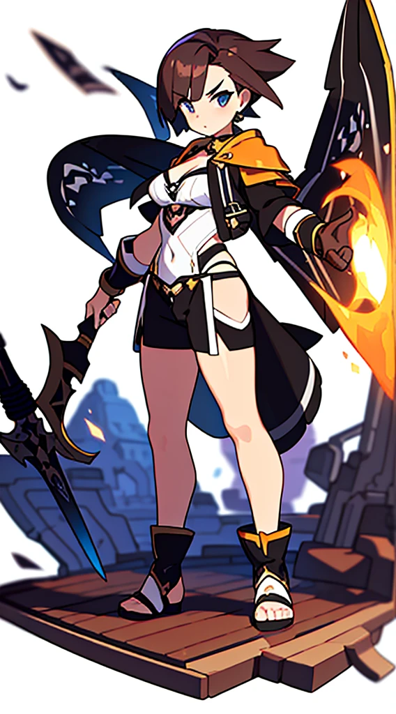 solo female, standing, (((white background, blurry background))), character focus, fantasy clothes, character design, shorts, holding weapon, fullbody, thong, front body,
