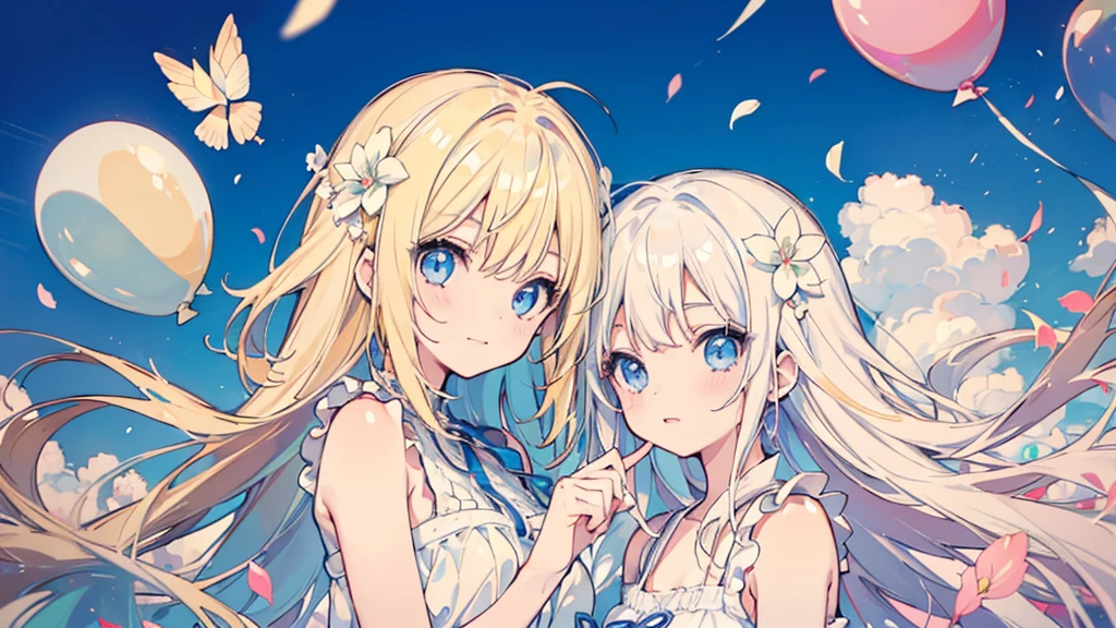 (face, 2 girls, blonde hair, blue eyes, white sundress, kawaii), (fluttering petals, colorful balloons, celebration, congratulation)