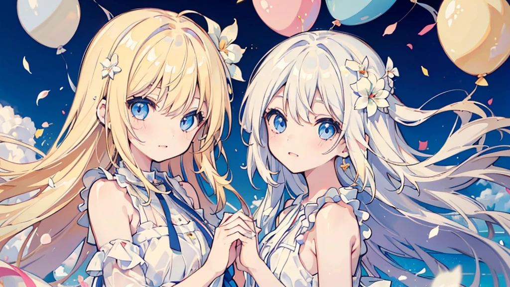 (face, 2 girls, blonde hair, blue eyes, white sundress, kawaii), (fluttering petals, colorful balloons, celebration, congratulation)