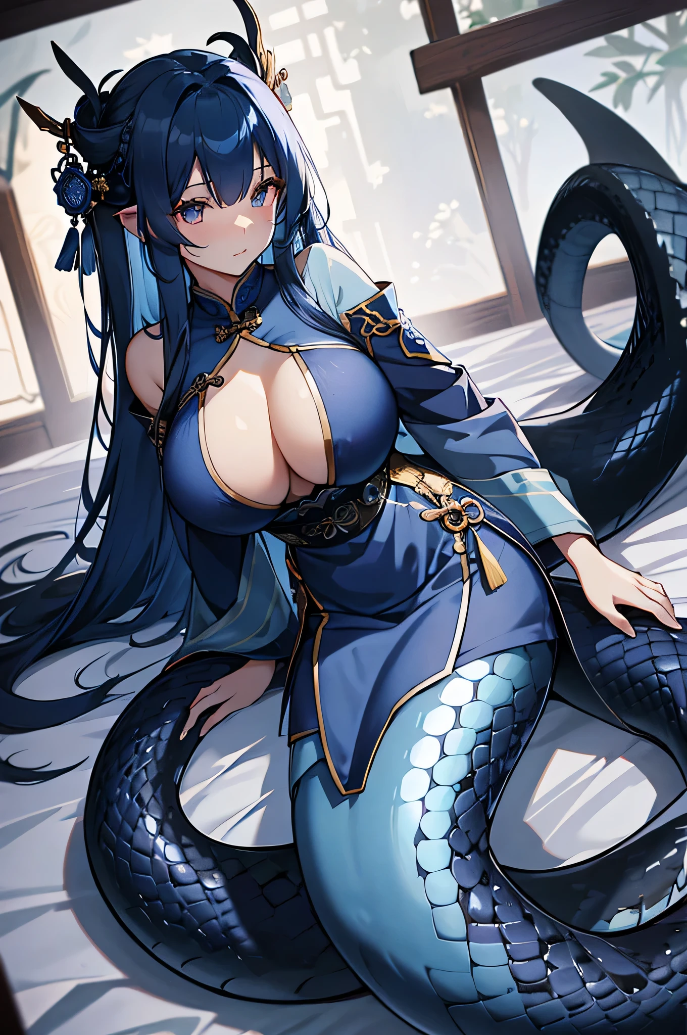 4K,High resolution,one woman,Lamia,dark blue hair,long hair,big breasts,ancient chinese princess,China dress,ancient chinese royal family