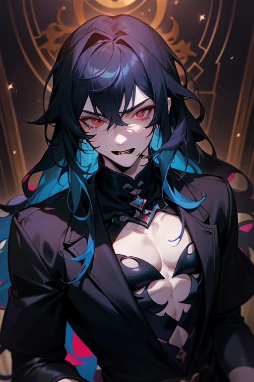 (masterpiece, best quality), intricate details, 8k, sharp focus, (best quality) (detailed skin:1.3) (intricate details) (8k) (detailed eyes) (anime) male character, wavy hair, mullet, long hair, blue hair, red eyes, male, anime male, frontage, lovely boy, perfect face, detailed eyes, bold background, detailed accessories, unique outfit, sharp eyes, male, young man, idol, dark colours, piercings, pale skin, vampire, fangs, defined features, model, Rei Sakuma, Sakuma Rei, gothic, artistic, symbolism, sexy, falling stars, dark clothes, dark room, muscular, cluttered room, indoors, detailed background, bold colours, bold outlines, sharp face, nighttime, night