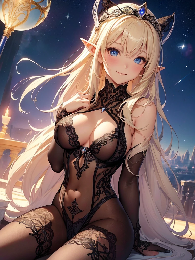 highest quality、Highest image quality、masterpiece、Super beautiful elf beauty from behind((22 years old OL big bust、bust 90,beautiful long ironed hair、blonde、globe、、slender、Close-up、Esbian、beautiful tiara、High quality、beautiful art、background((starry ski)))muste piece、visual art、Depth of bounds written、low angle of morning sky、、elf ears、、magic of light、space knight、harp melody🎵、A happy smile、gentle light、、Beautiful legs that are gentle on the skin、、、Number of fingers to achieve precise finger movements、ticker beautiful decorative、elegant、mystical　rosa、　heaven、marble columns, beautiful dressy、magnificent marble dome、giant galaxy、、sexy、friendly smile、lingerie、underwear、 body stocking. nsfw 

(gorgeous body stocking:1.3), (intricate lace:1.4), (see thorough:1.5), (morning1.5)sunrise
