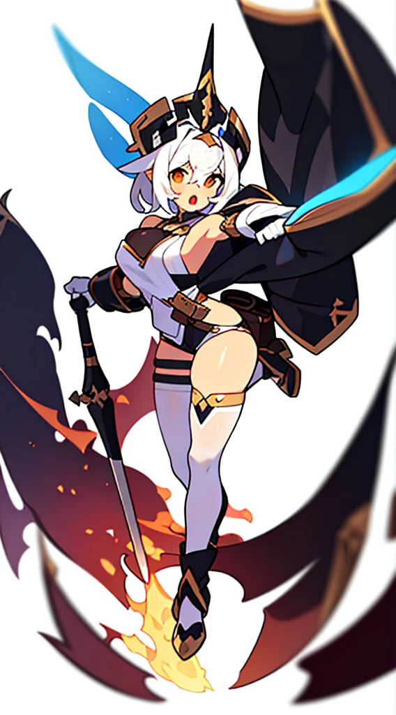 solo female, standing, (((white background, blurry background))), character focus, fantasy clothes, character design, shorts, holding weapon, fullbody, thong, front body,