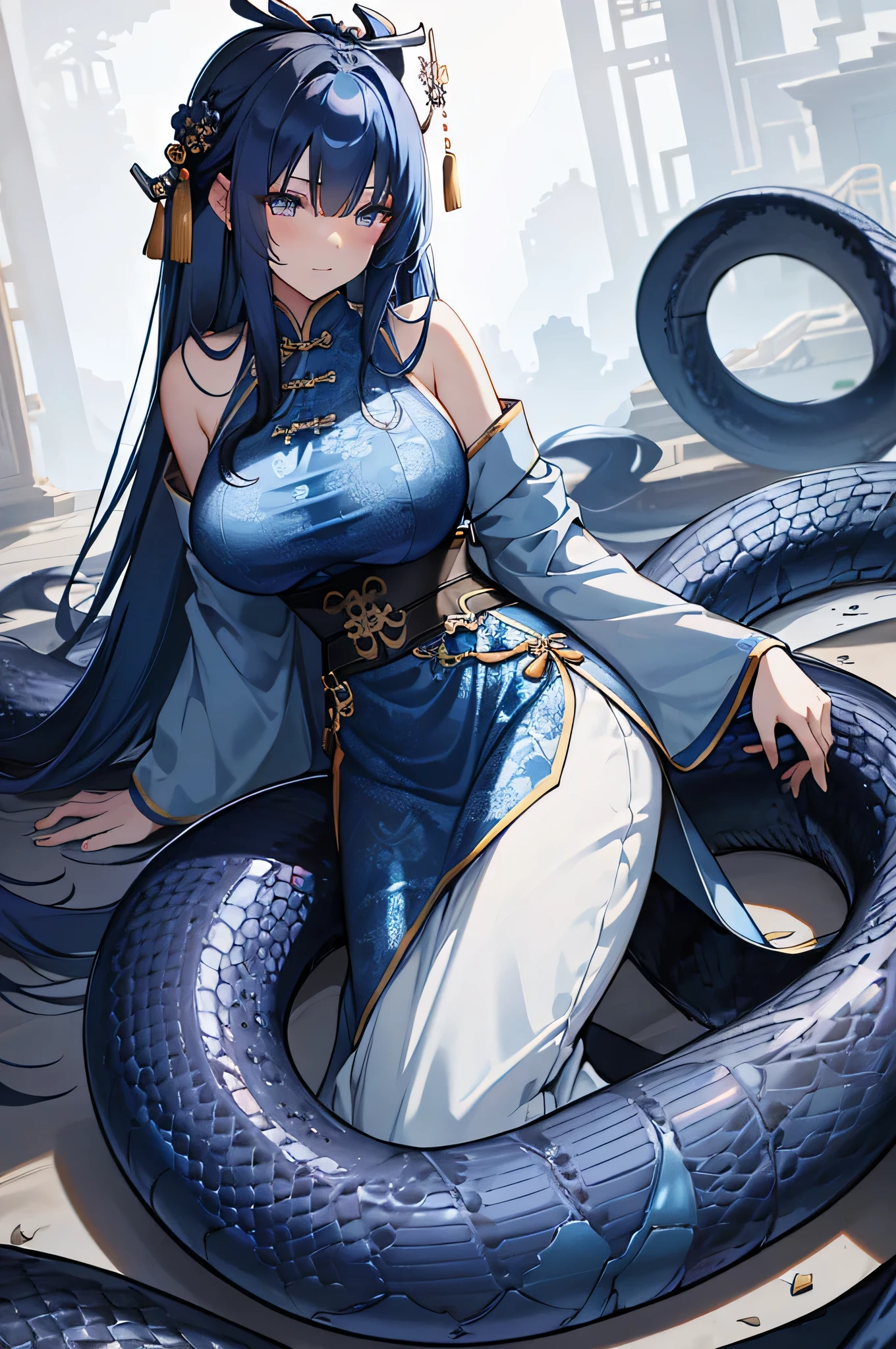 ((Highest quality、unity 8k wallpaper、32k、masterpiece、Very detailed、Ultra-high resolution、Ultra-high resolution、 Very detailedな顔, RAW Photos, Professional, Ultra-fine painting, Anatomically Correct Lizard Girl)) Yui Kotegawa transforms into a Blue Dragon, kotegawayui, Long black hair, Yellow Eyes, ((Reptile Eyes)、mouth with sharp fangs,,,、From shoulder to collarbone、It is covered with fine scales up to its neck...、(In the ass、Juxtaposition, Impressive lizard tail stretching from tailbone to spine) 、Dragon legs with sharp claws、Fine blue scales that stretch like socks down to the thighs、Fine blue scales that grow like long gloves、Long nails)、Nipples are fully visible、((There are fine scales on the sides、It has fine blue scales growing around its waist..., Scales on the back、Scales from flank to thigh))、The boundary between the scales and the skin is unclear、A small fin on the spine that continues to the tail、Giant blue bat wings growing from the shoulder blades on his back